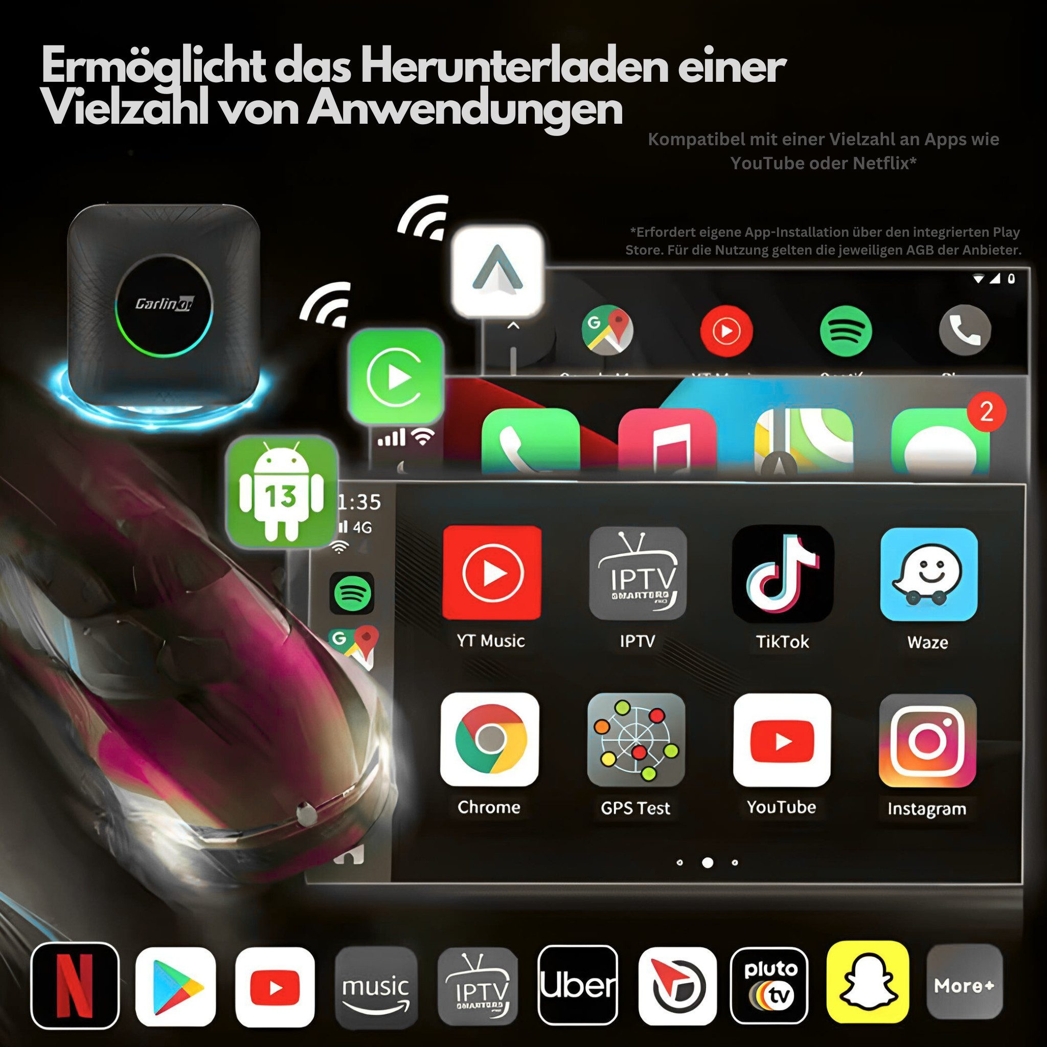 HS.SUPPLY Wireless Adapter CarPlay & Android Auto, integriertes Android System Auto-Adapter USB, USB Type-C zu USB Typ A, USB-C, 2in1 für CarPlay & AndroidAuto, Mit Android System