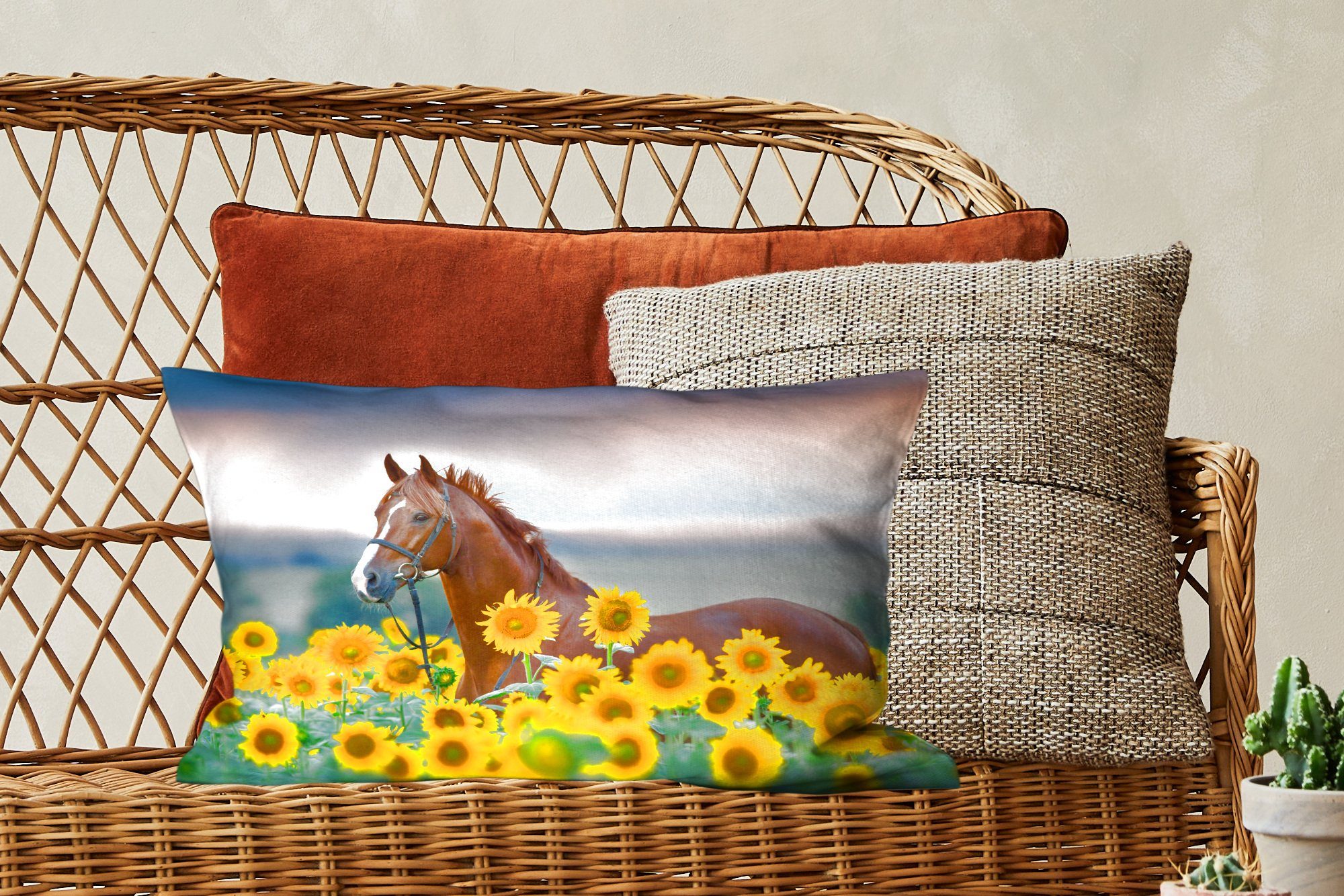 MuchoWow Dekokissen Pferd - Sonnenblume Schlafzimmer - Füllung, Dekoration, mit Wohzimmer Himmel - Pastell, Zierkissen, Dekokissen
