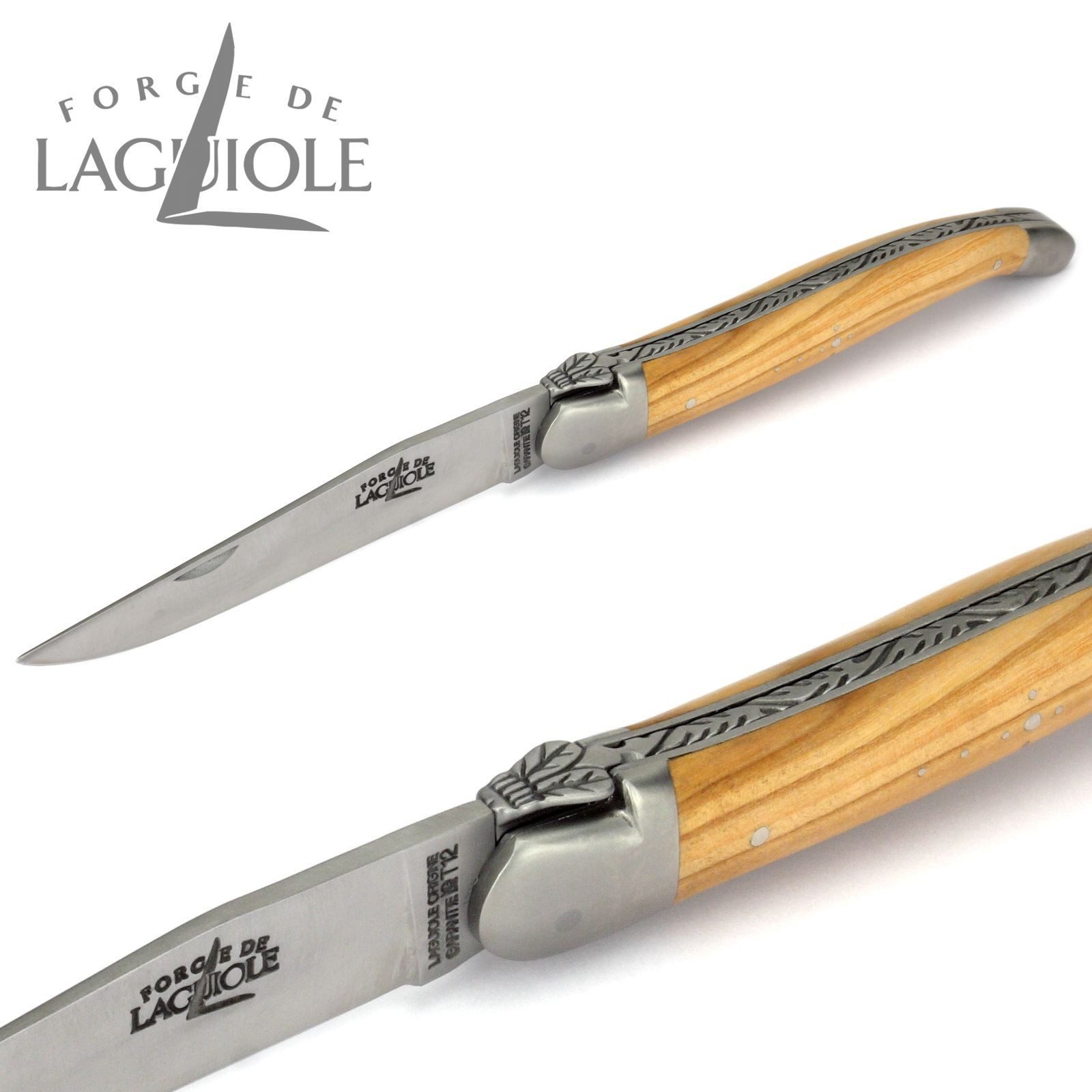 Forge de Laguiole Taschenmesser 1212 IN OL SAT, Griff 12cm Olivenholz - Feder verziert - Klinge Backen Stahl satiniert