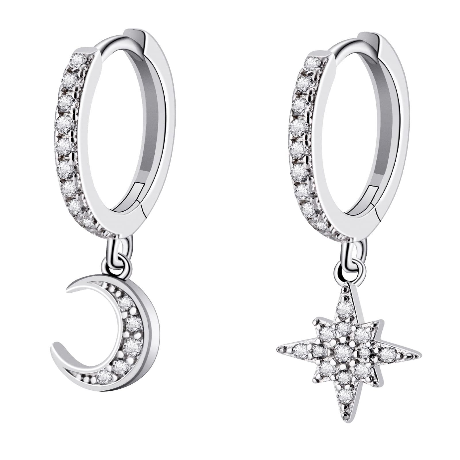 POCHUMIDUU Ohrring-Set 925 Sterling Silber Hängend Ohrringe mit Anhänger  Stern Mond, Kreolen Kleine Ohrringe für Damen Frauen Mädchen