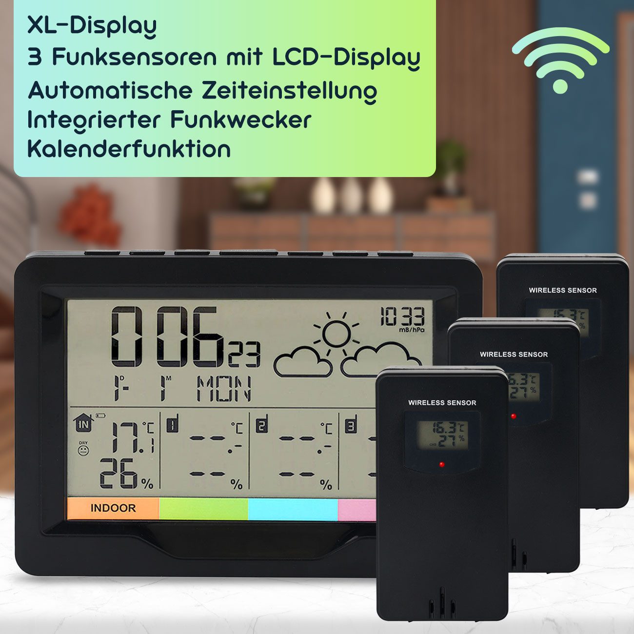 Casativo Multifunktionale Funk Wetterstation mit Außensensor Funkwecker Display Funkwetterstation (Innen-/Außentemperatur 4-Zonen-Überwachung Reichweite ca. 60m – Bild 5 von 5