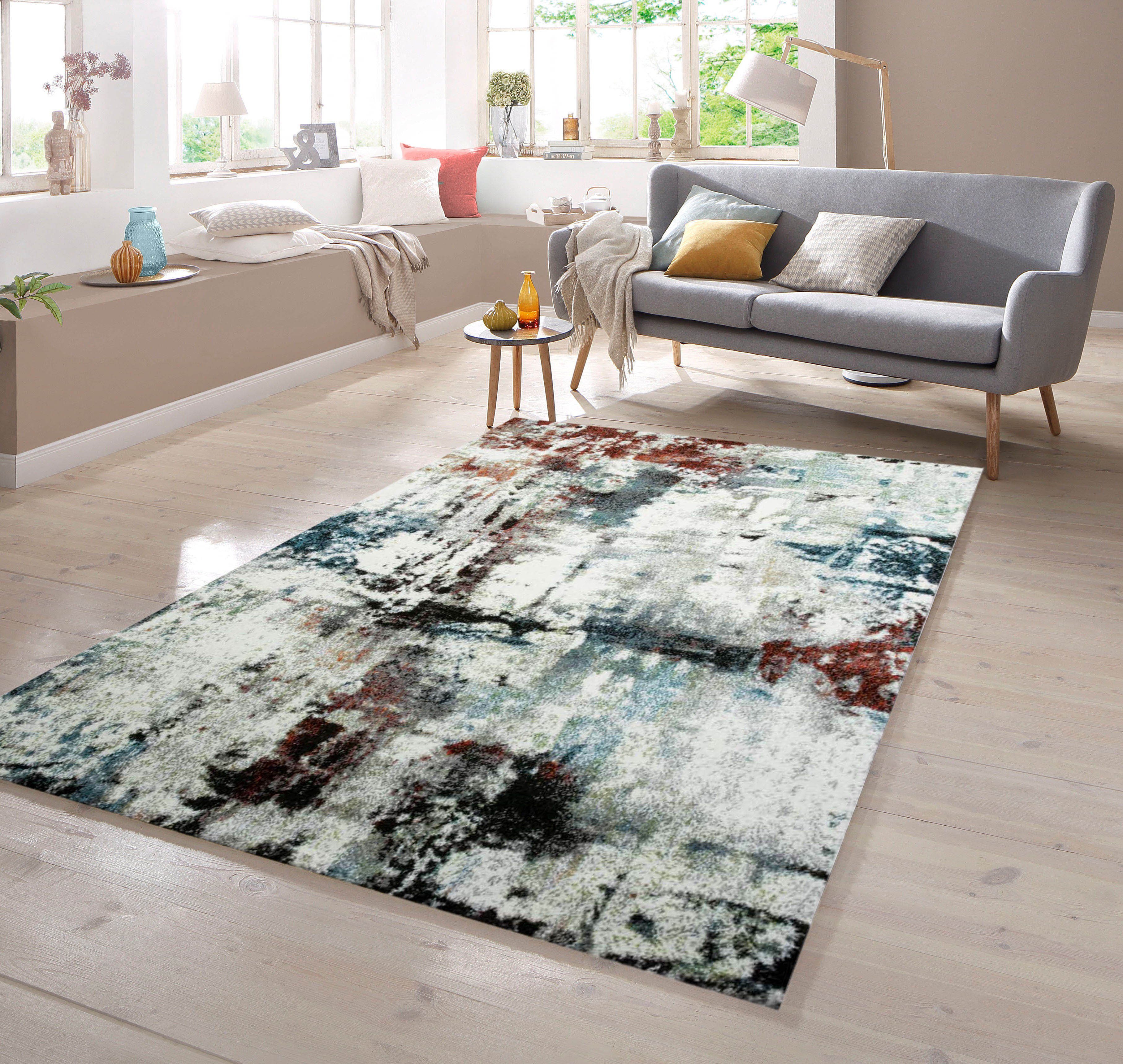 TeppichHome24 Teppich Designer Teppich Kurzflor Meliert Splash Türkis Creme Braun Multi, rechteckig