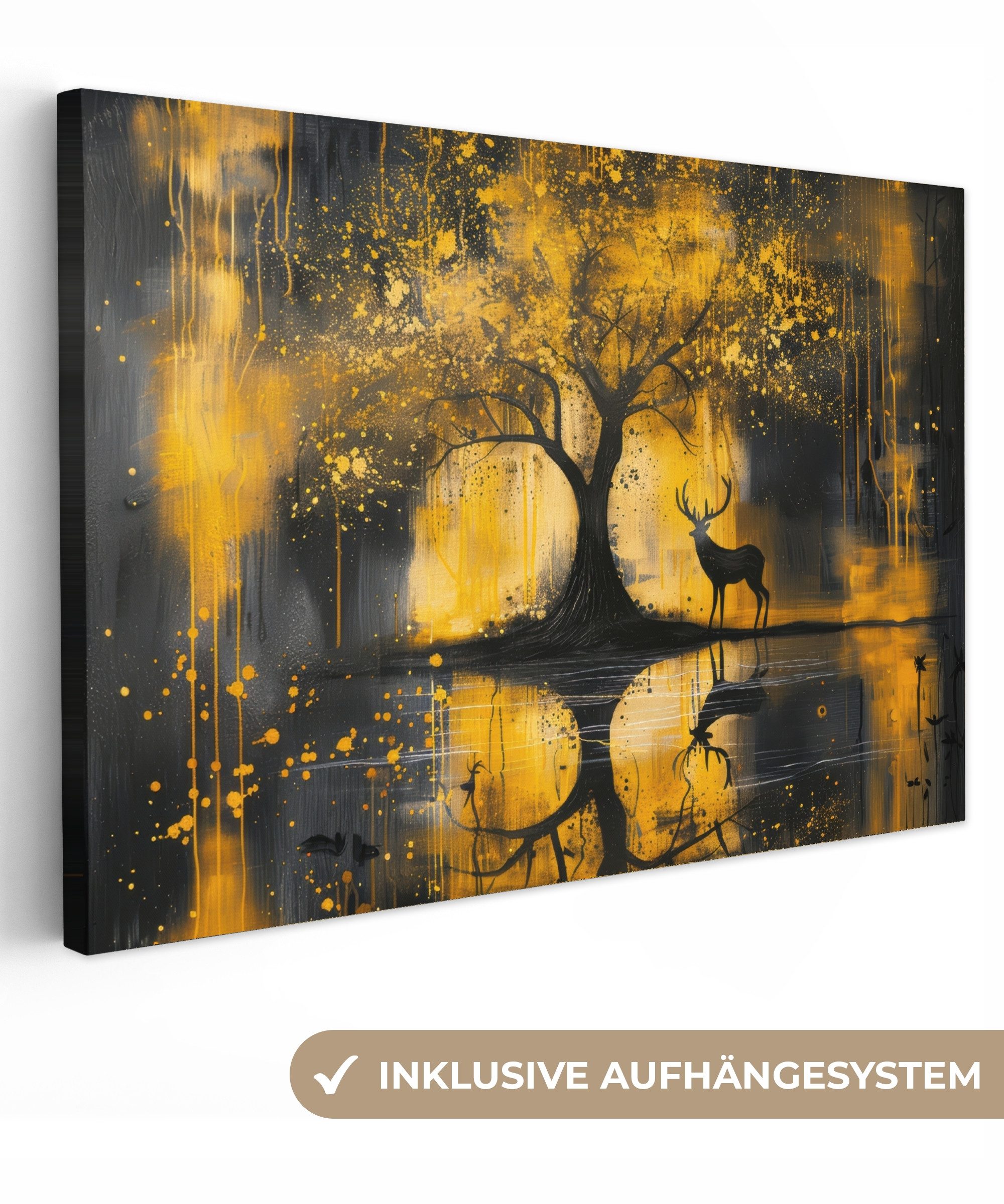 OneMillionCanvasses® Leinwandbild Baum - Farboptik - Hirsch - Natur - Gold, günstig online kaufen