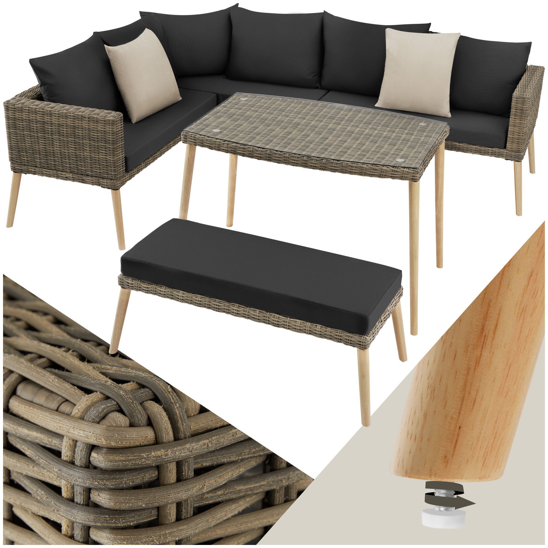 tectake Loungeset Rattan Sitzgruppe mit Sicherheitsglasplatte, schlanke, hohe Beine, (Gartenlounge-set Pula, 3-tlg., geeignet für Outdoor in Natur), wetterfest und UV-beständig, Dicke der Sitzpolster 8 cm