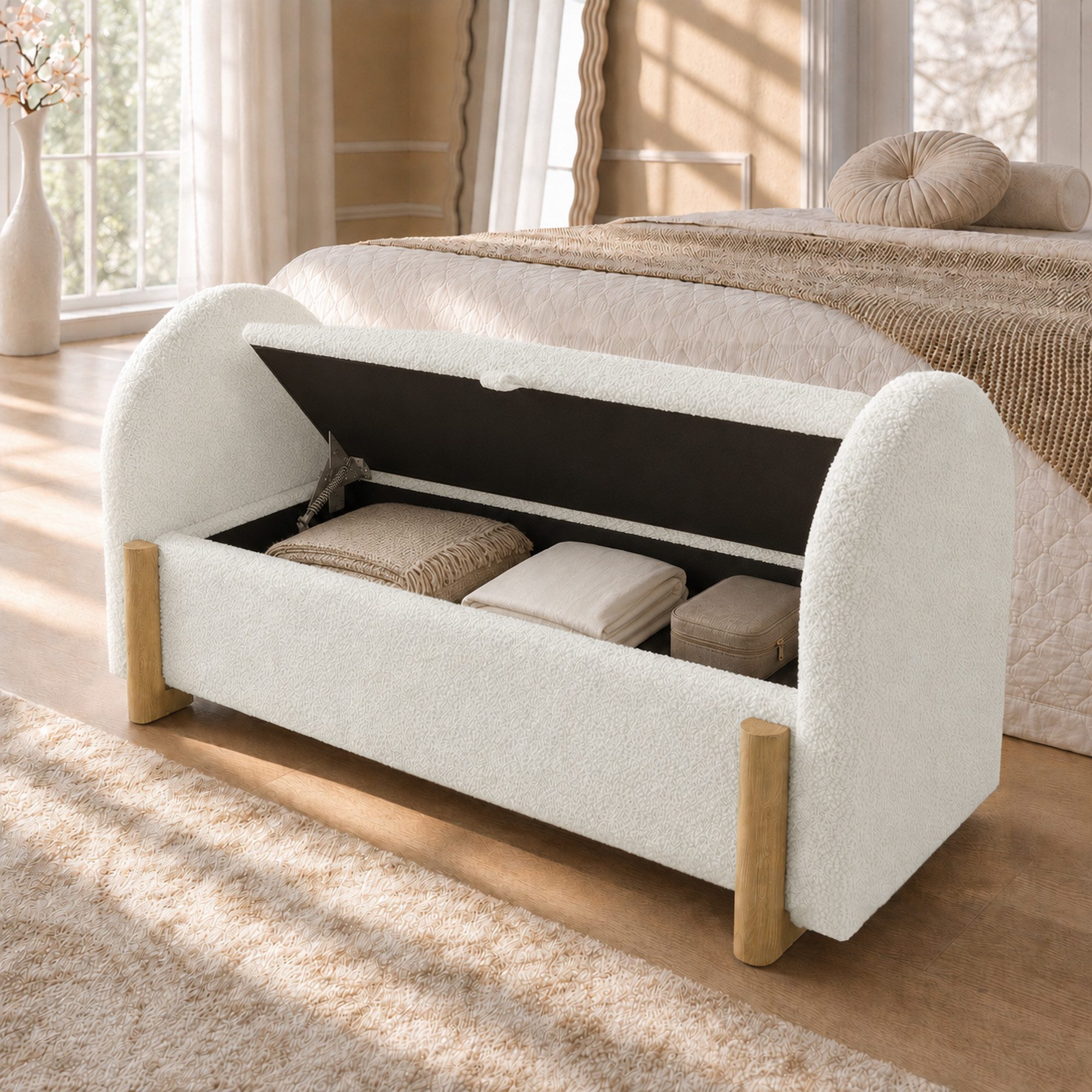 HAUSS SPOLE Bettbank mit U-Form Holzbeine,106x47x61 Sitzbank Polsterbank mit Stauraum,Weiß (Polsterbank mit Aufbewahrungsfunktion), Truhenbank Multifunktionsbank Soft-Close-Funktion für Wohnbereich