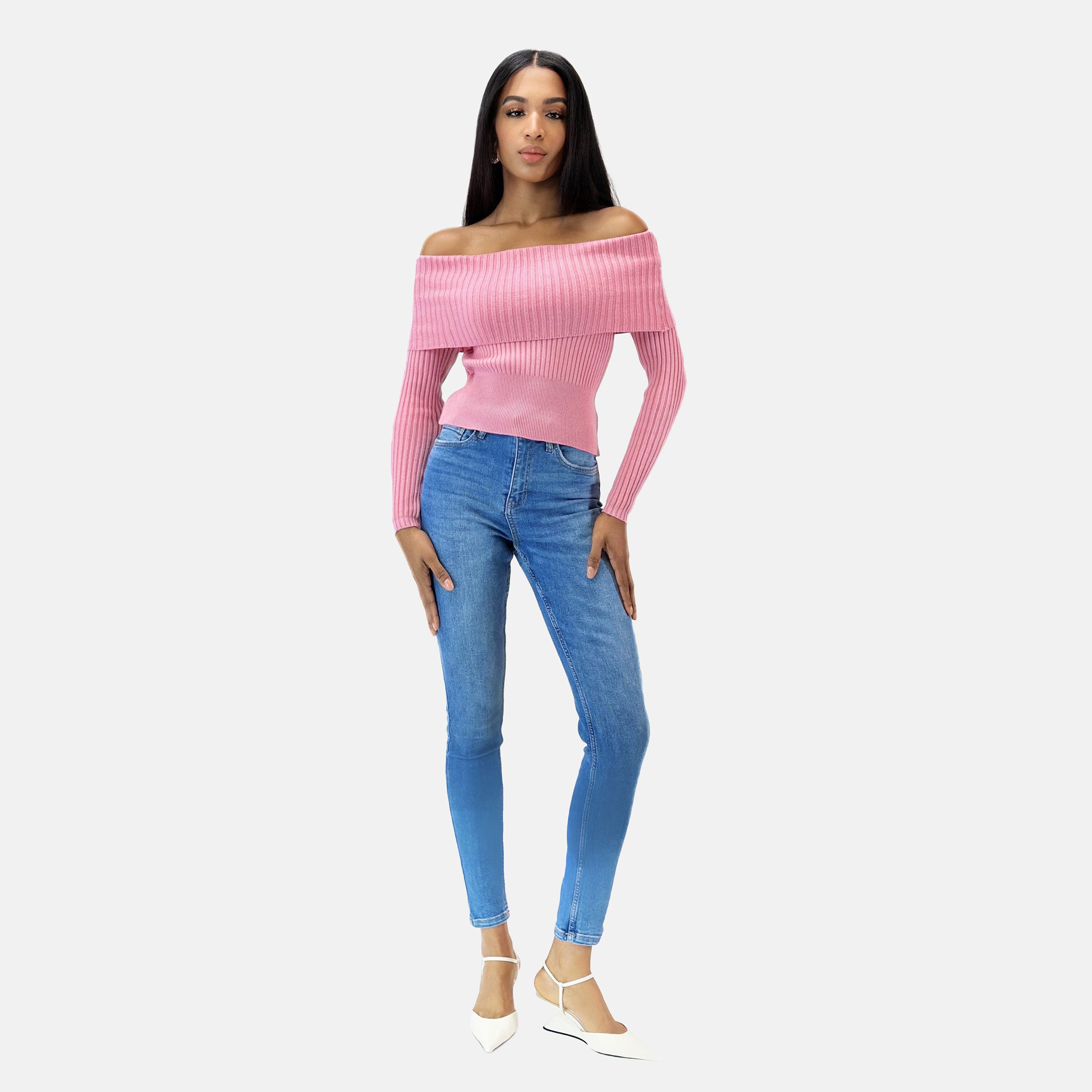 Elara Blusentop — Damen Carmenpullover mit breitem Umschlagkragen und Rippstrick