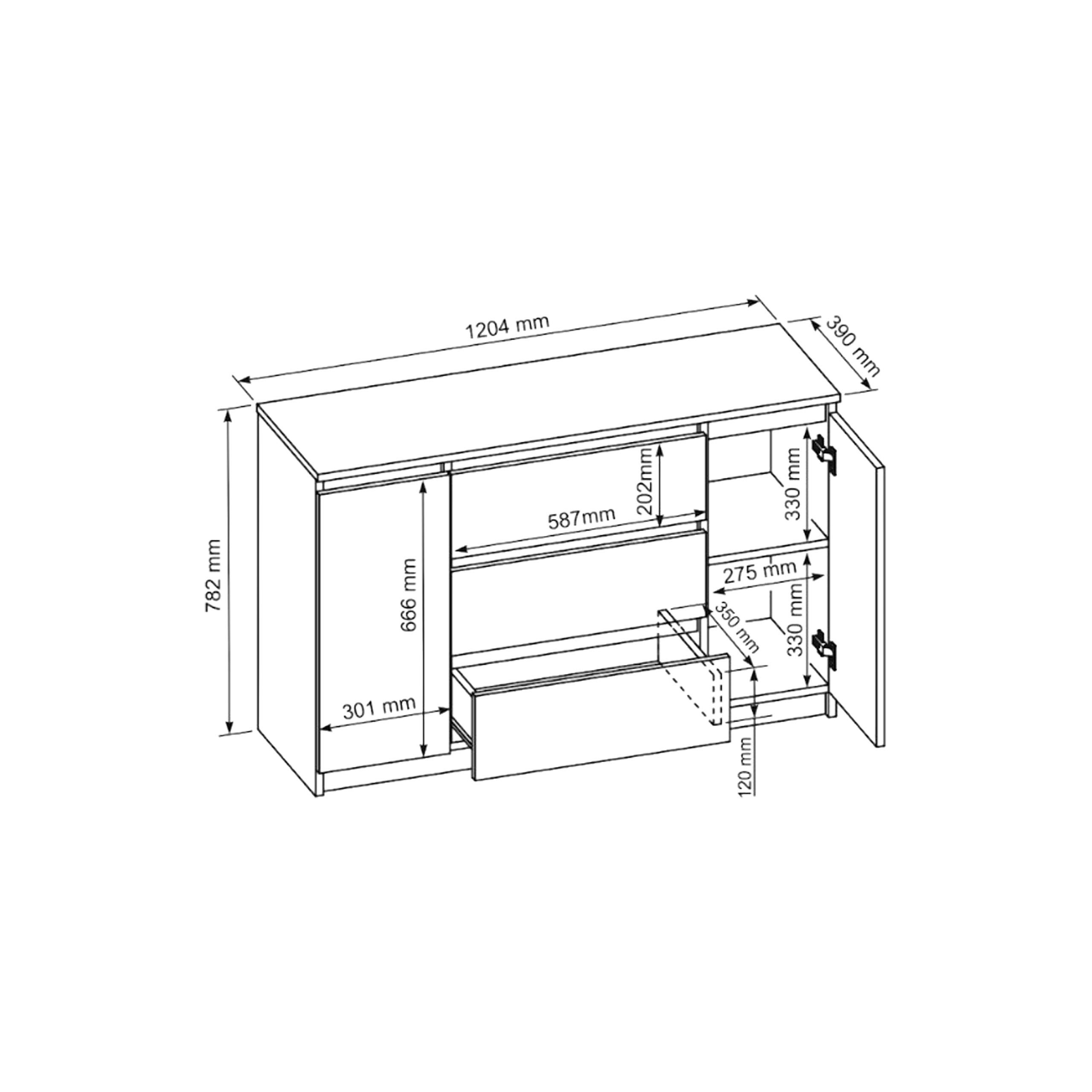 Masseno Kommode NUDO 120 cm Sideboard mit 3 Schubladen und 2 Türen Schwarz – Bild 2 von 5