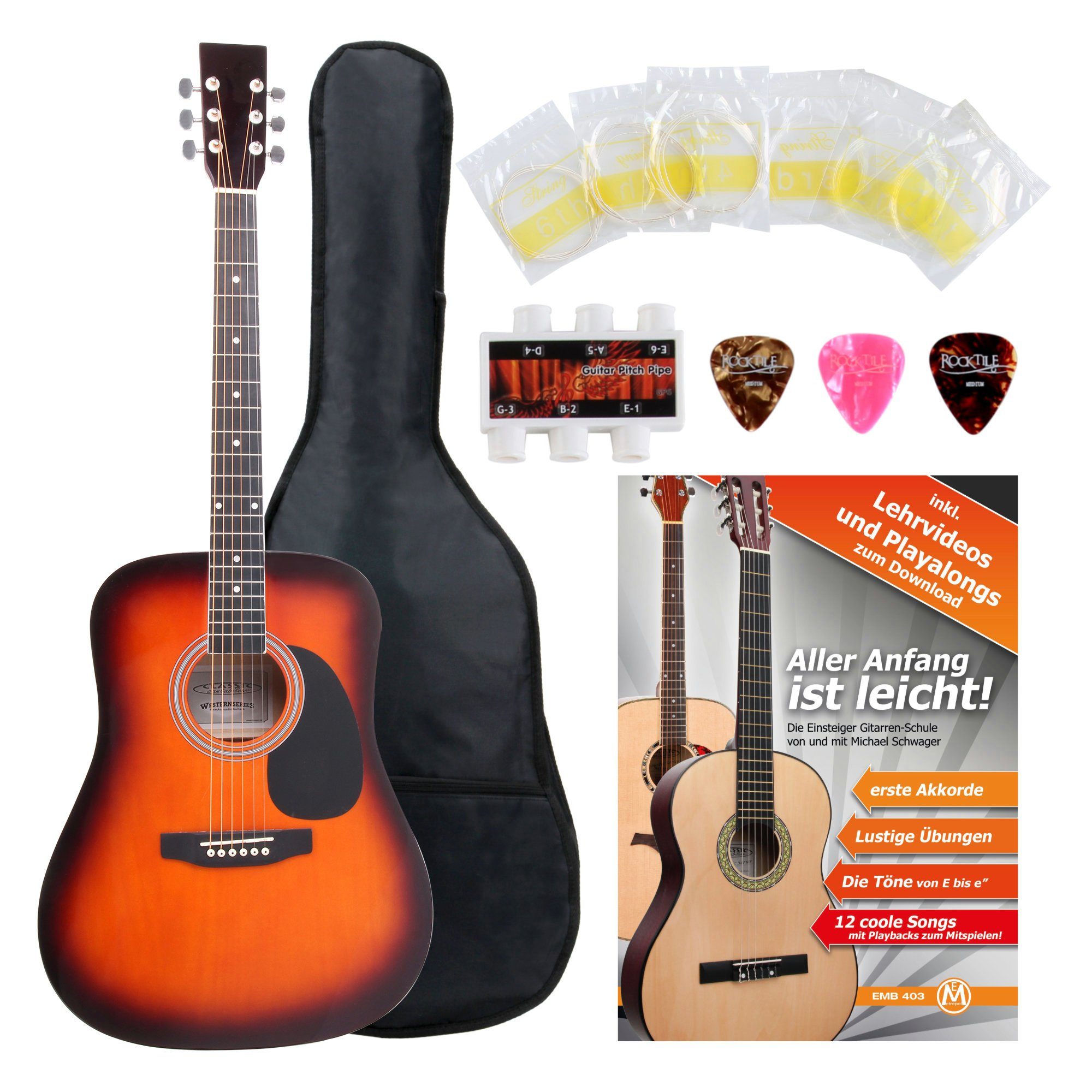 Classic Cantabile Westerngitarre WS-10 Akustikgitarre für Anfänger & Fortgeschrittene, Dreadnought, Starter-Set, Inkl. Tasche, Plektren, Ersatz-Saiten und Stimmpfeife