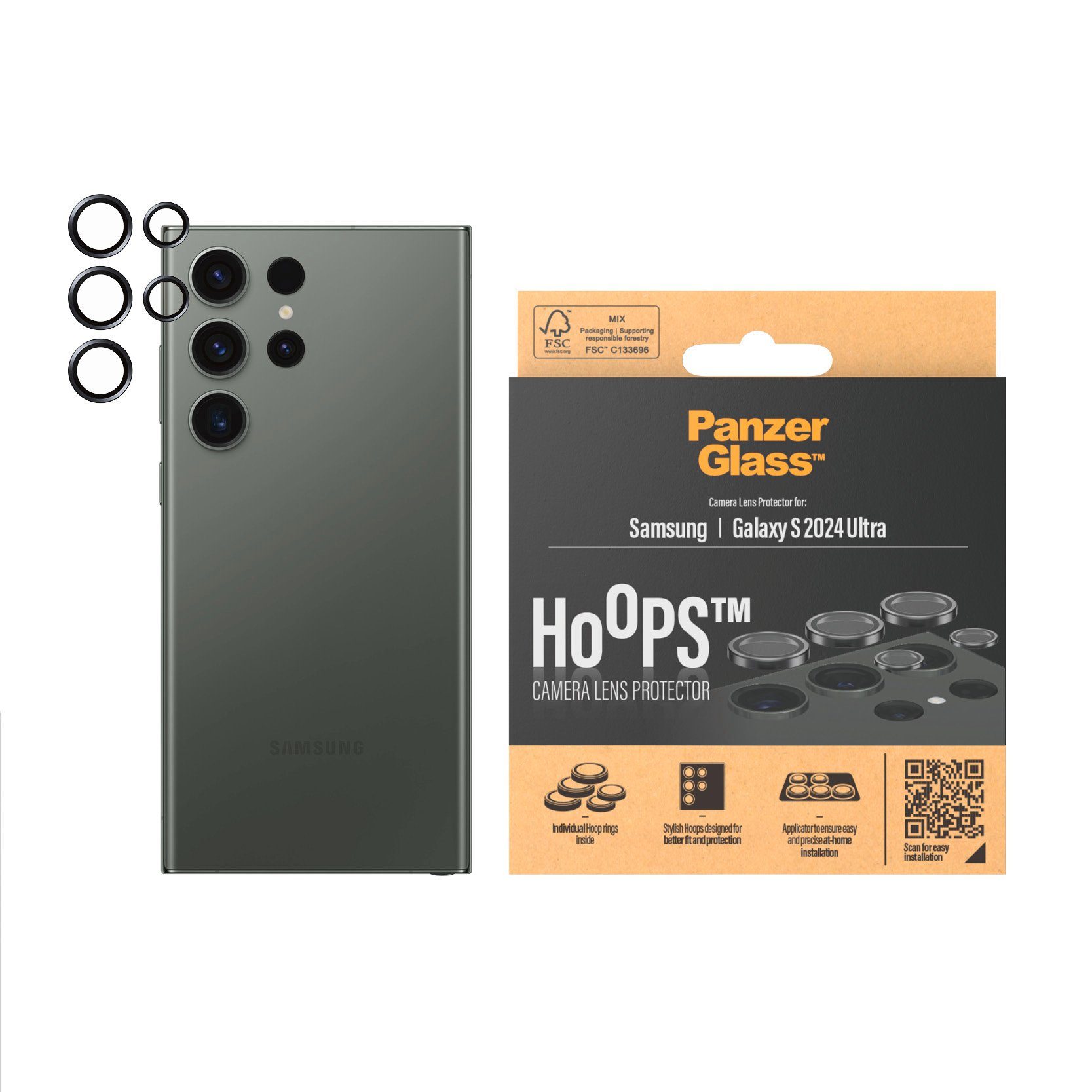 PanzerGlass Kameraschutzglas Hoops Camera Lens Protector für Samsung Galaxy S24 Ultra, Lens Cover, stoßfest, kratzbeständig