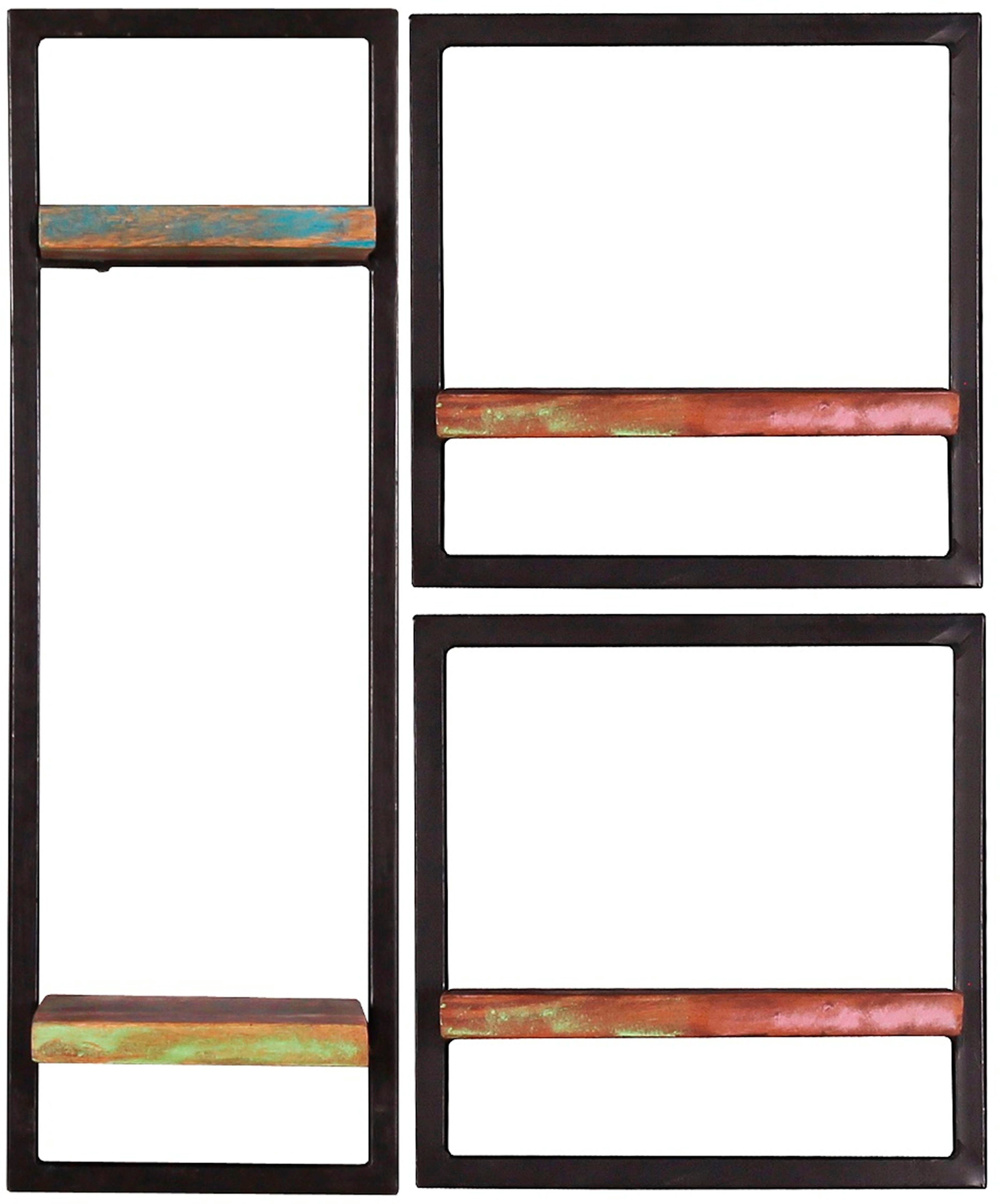 SIT Wandregal Straßburg 3-teilig aus Altholz mit schwarzem Metallrahmen, Set, 2 niedrige & 1 hohes Wandregal für flexible Wandgestaltung