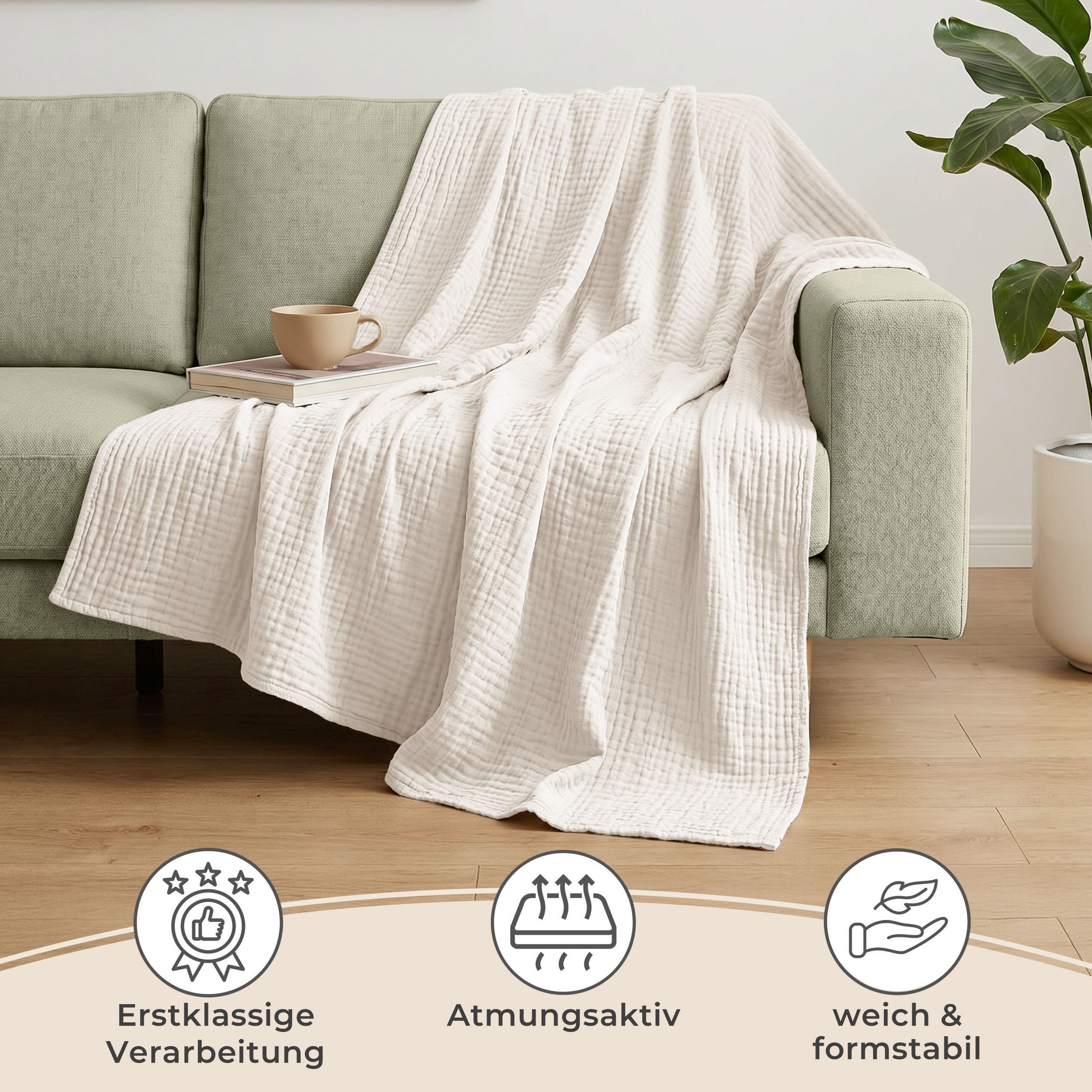 Laynenburg Tagesdecke Musselin aus 100% Baumwolle – Baumwolldecke, Kuscheldecke, Wohndecke als Sommerdecke, Bett-Überwurf, Couch-Überwurf, Sofa-Decke – Bild 5 von 5