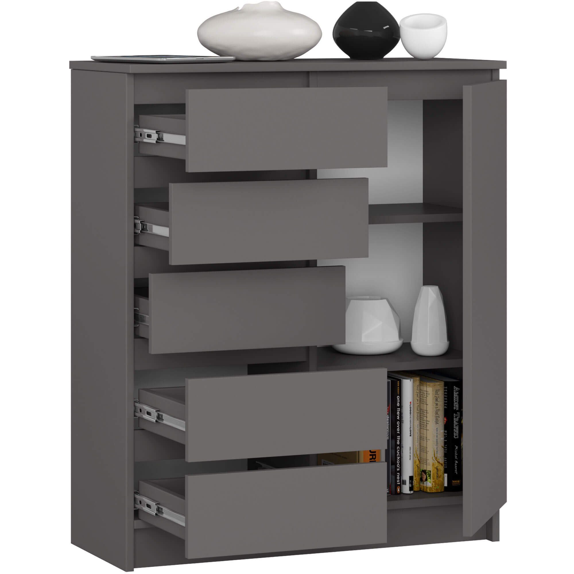 Raumhirsch Furniture Kommode mit 5 Schubladen, 1 Schranktür, 80 cm breit Holz Schrank, Highboard / Kommode 80 cm, Sideboard Organizer für jeden Raum