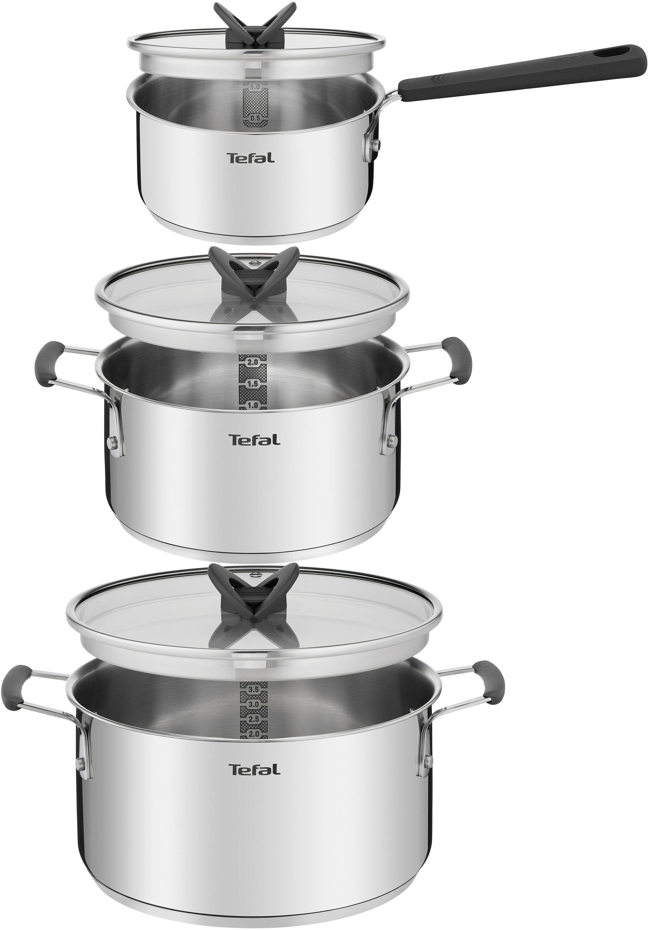 Tefal Topf-Set G7376S Opti'Space, Edelstahl (Set, 6-tlg., Stielkasserolle 16 cm, Kochtopf 20/24 cm, je mit Deckel), Thermo-Fusion-Boden, für alle Herdarten inkl. Induktion