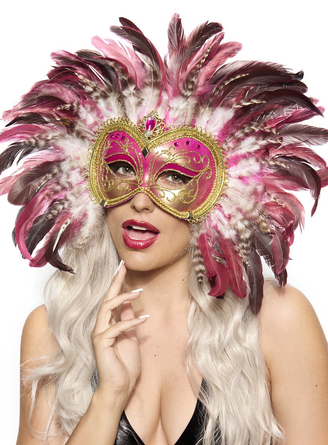 Metamorph Verkleidungsmaske Paradiesvogel Federmaske pink, Venezianische Maske mit prachtvollem Federkranz