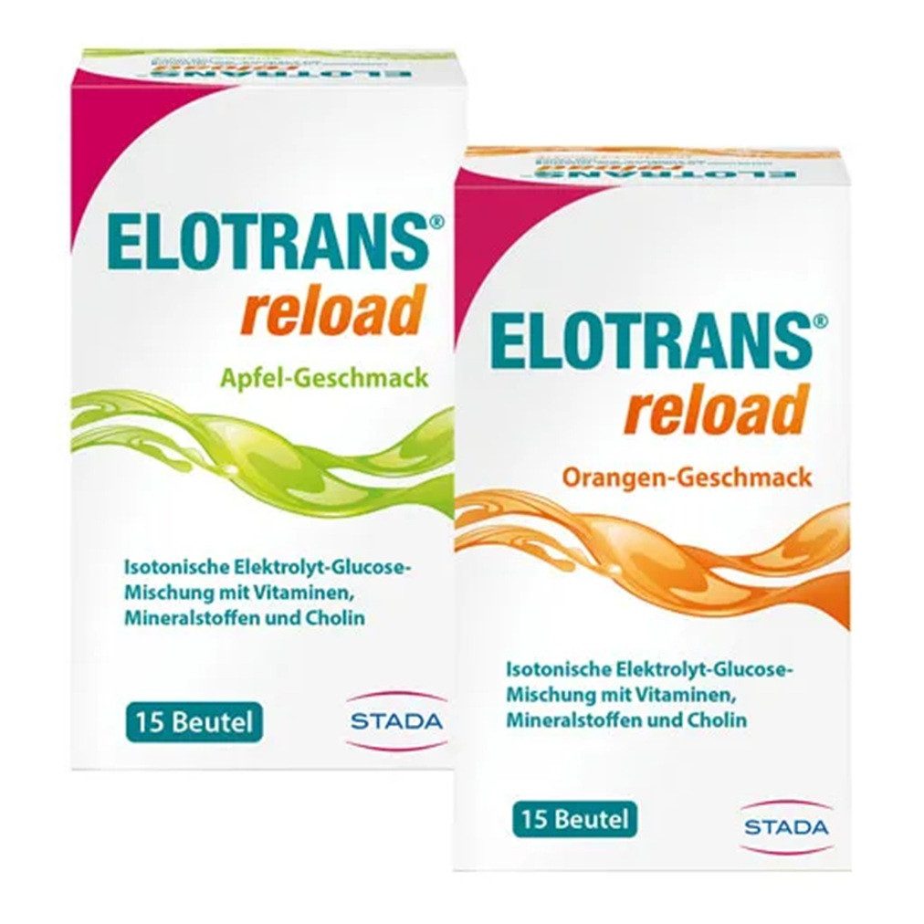 Elotrans Spar-Set: 1x ELOTRANS reload Orange + 1x ELOTRANS reload Apfel Pulver, 2 er Spar-Set à 15 St., 228 g, Isotonische Elektrolyt-Glucose-Mischung