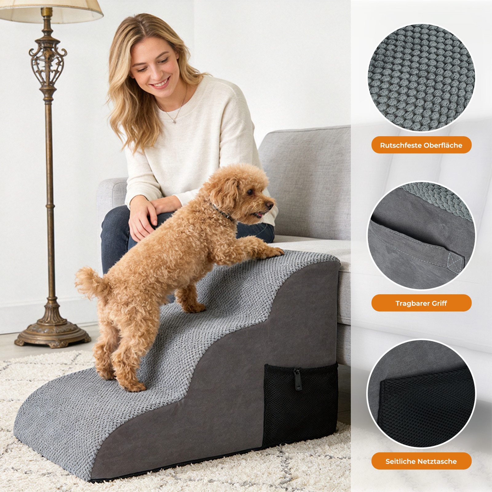 AKKEE Hunderampe 3 Stufen 40cm Hoch - rutschfeste Haustiertreppe mit Waschbarem Bezug, Hochdichtem Schwamm für Kleine Mittlere Hunde