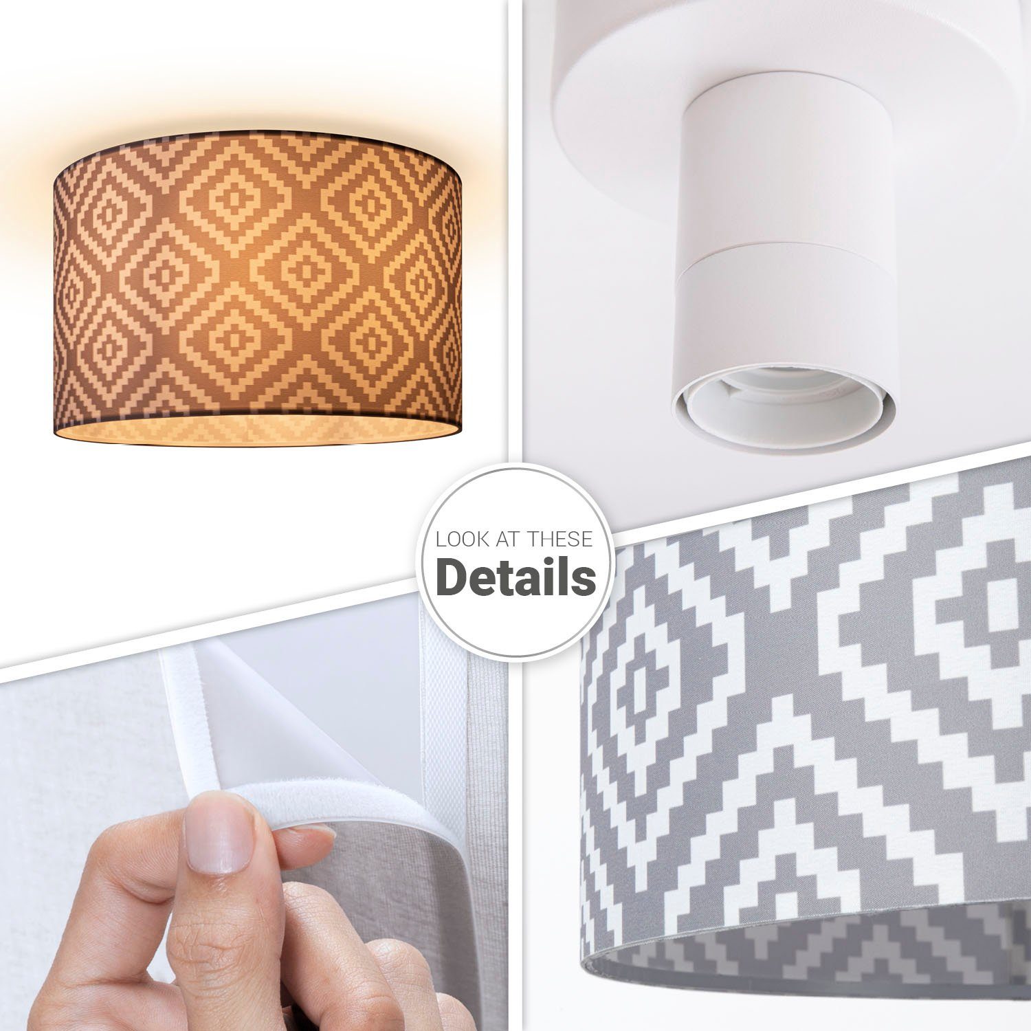 Design Hugo Textil Home Lampenschirm Stoff ohne Deckenleuchte Wohnzimmerlampe Leuchtmittel, Retro Rund Vintage Paco Stella,