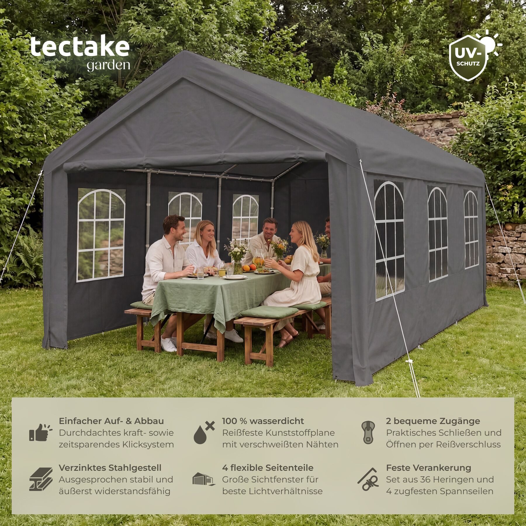 tectake Pavillon Gartenzelt 4x6 m wasserdicht mit UV-Schutz und Seitenteilen, mit 4 Seitenteilen, (Freiluftpavillon Jasko, in Grau), Klicksystem für schnellen Aufbau, inklusive Spannseile und Heringe