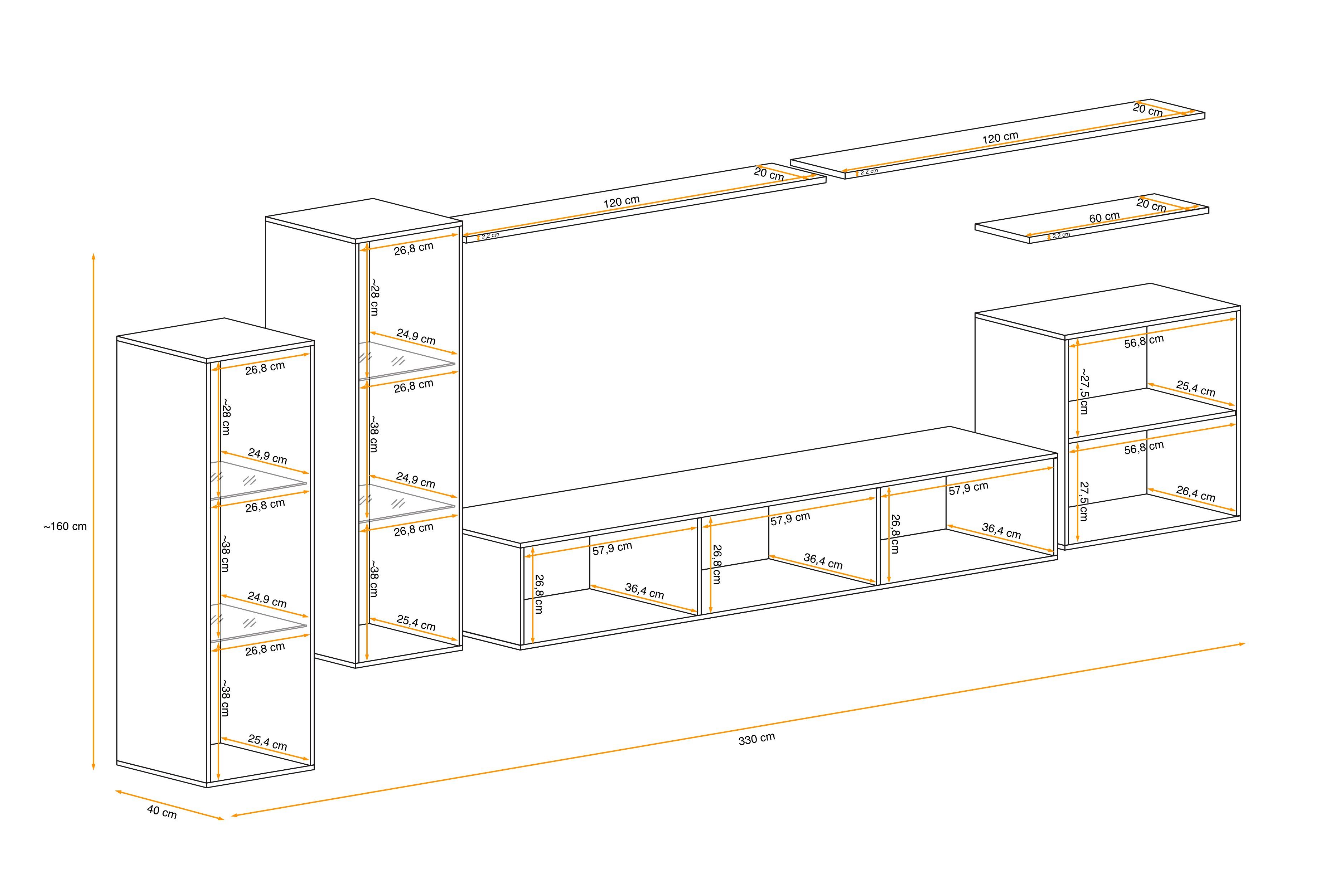 Stylefy Wohnwand bestehend Eiche St), XI Graphit L, 3×Wandboard, (7 Wohnzimmer-Set), 2×Hängevitrine Swotch - 1×Wandschrank, Wotan 1×Lowboard, (Set aus