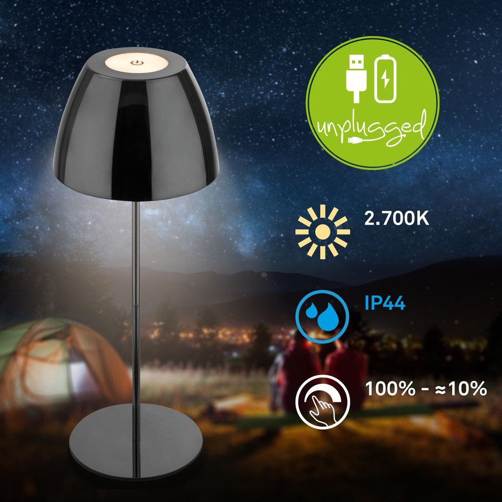 Briloner Leuchten Tischleuchte Outdoor Tischlampe dimmbar Akku touch Kabellos 7522018, Dimmfunktion, LED fest integriert, 2700K - Extra-Warmweiß, Tischlampe kabellos 13,5x36 cm Schwarz-Chrom 2,5W Wohnzimmer Outdoor