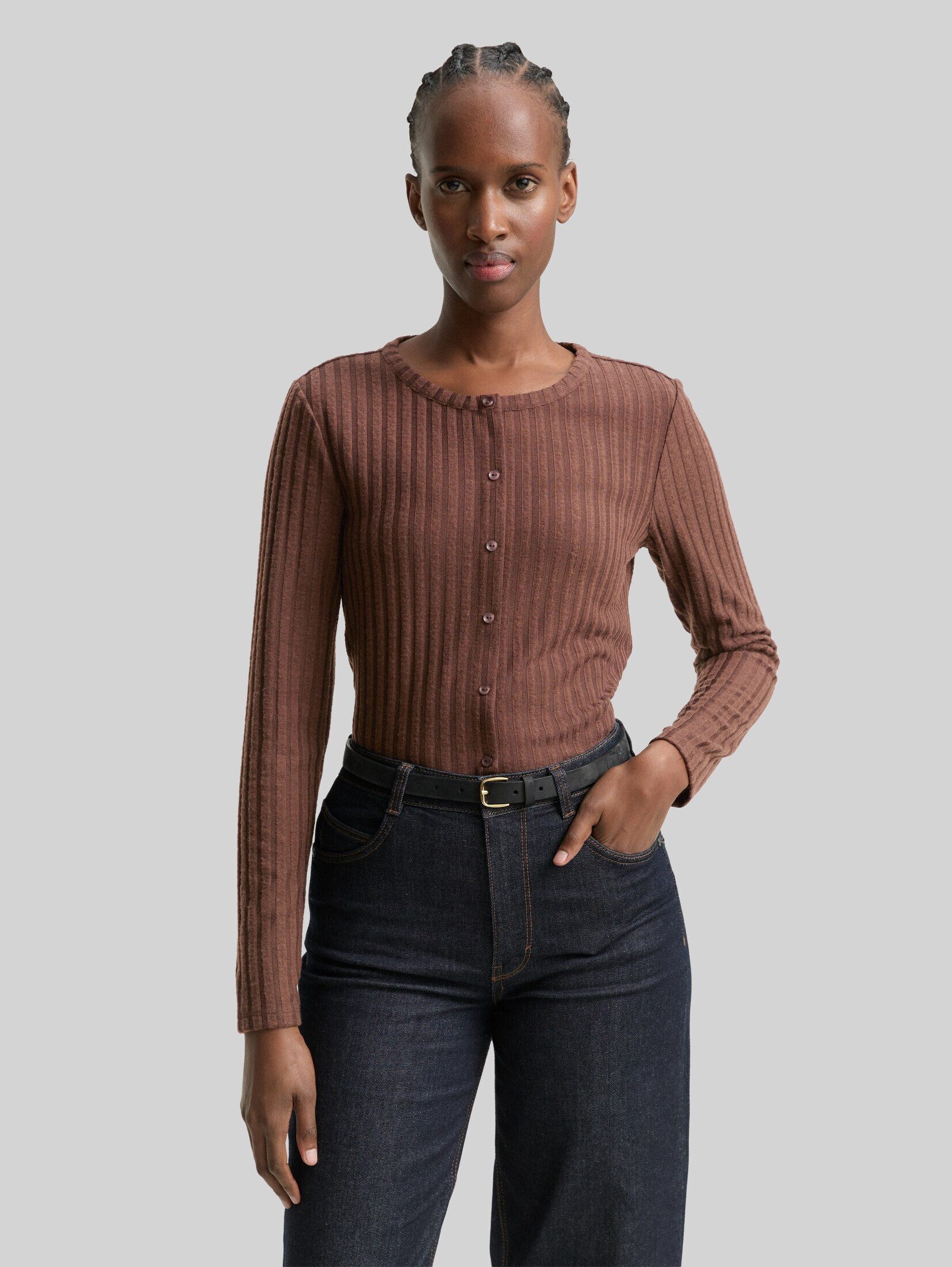 TOM TAILOR Denim Langarmshirt T-Shirt Slim Fit Langarmshirt mit Deko-Knopfleiste