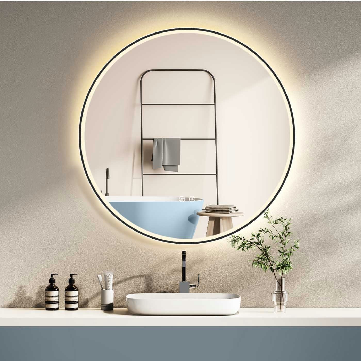 HOKO Badspiegel Anti-fog rund 60cm/80cm mit Metall Rahmen+Touch Schalter+Licht Wechsel (Warmweiß - Kaltweiß - Neutral. Licht mit Touch Schalter und mit Wandschalter einschaltbar. Memory-Funktion. IP44, 5mm HD Glass, Farbtemperatur stufenlos einstellen 2700K-6500K), Energiesparend LED beleuchtet