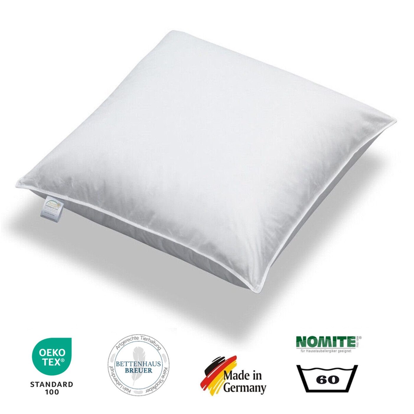 Bettenhaus Breuer Federkopfkissen Extra dickes Kopfkissen 1600g 100% neue sibirische Federn 80x80 fest, Füllung: 100% neue Federn, Bezug: Baumwolle, Seitenschläfer, Rückenschläfer, Hergestellt in Deutschland