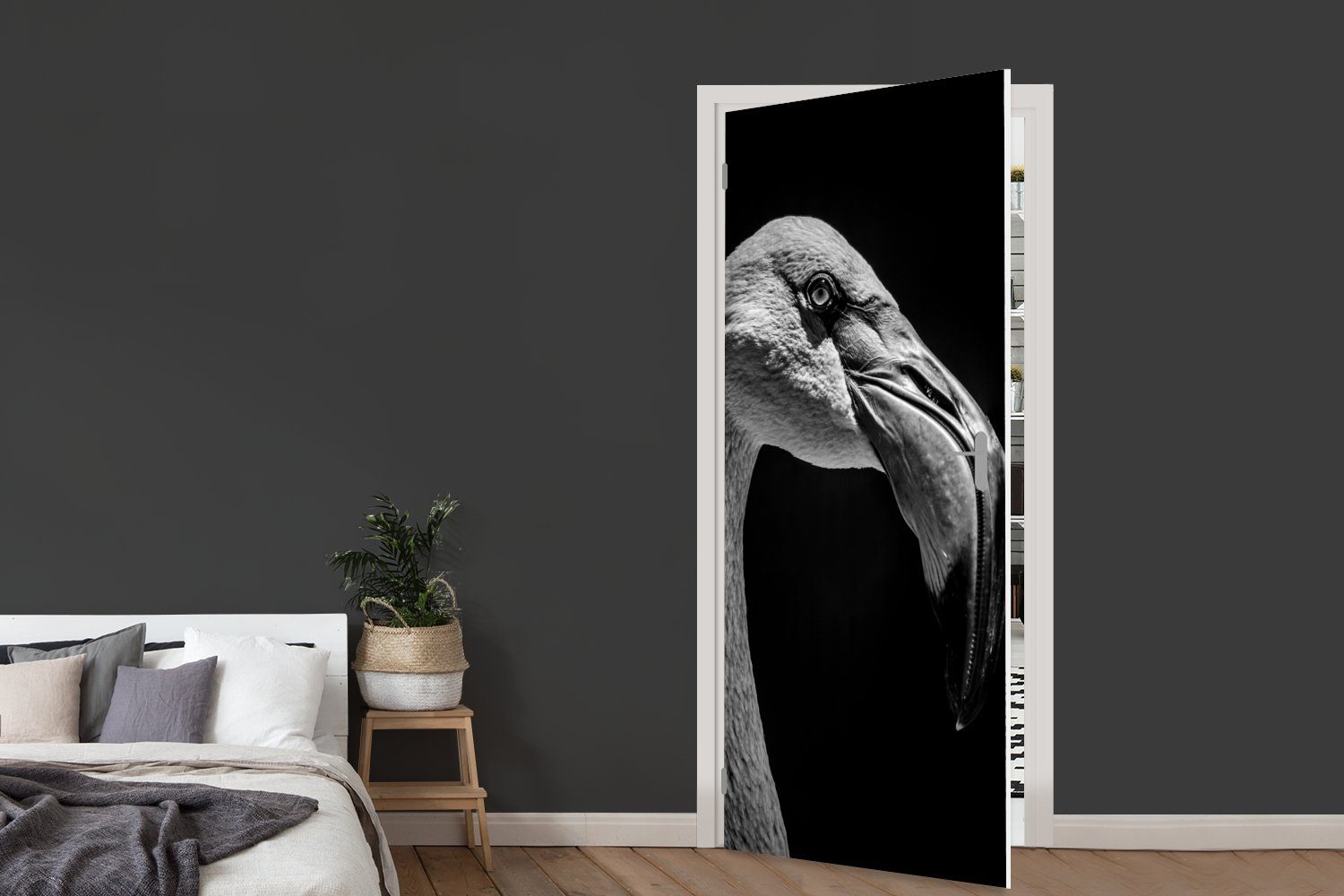 MuchoWow Türtapete Tierporträt 75x205 St), für schwarz (1 Fototapete Flamingo weiß, und cm Türaufkleber, in Matt, Tür, bedruckt