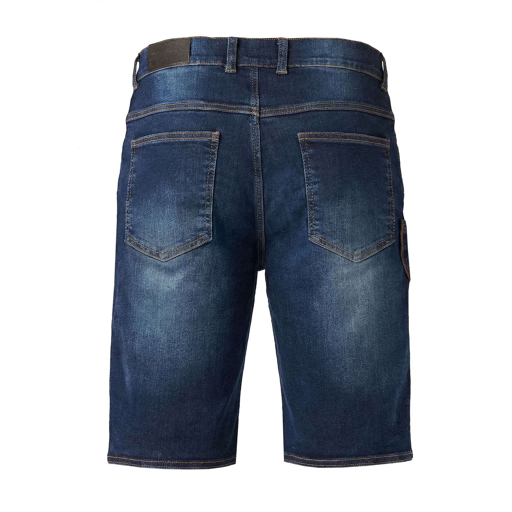 Steigenhöfer Manufaktur Trachtenjeans Herren im Lederhosen Look - Leonard - Stonewashed Stretch Denim Trachtenlatz mit Knopfleiste - Kurze Jeans - Oktoberfest Outfit