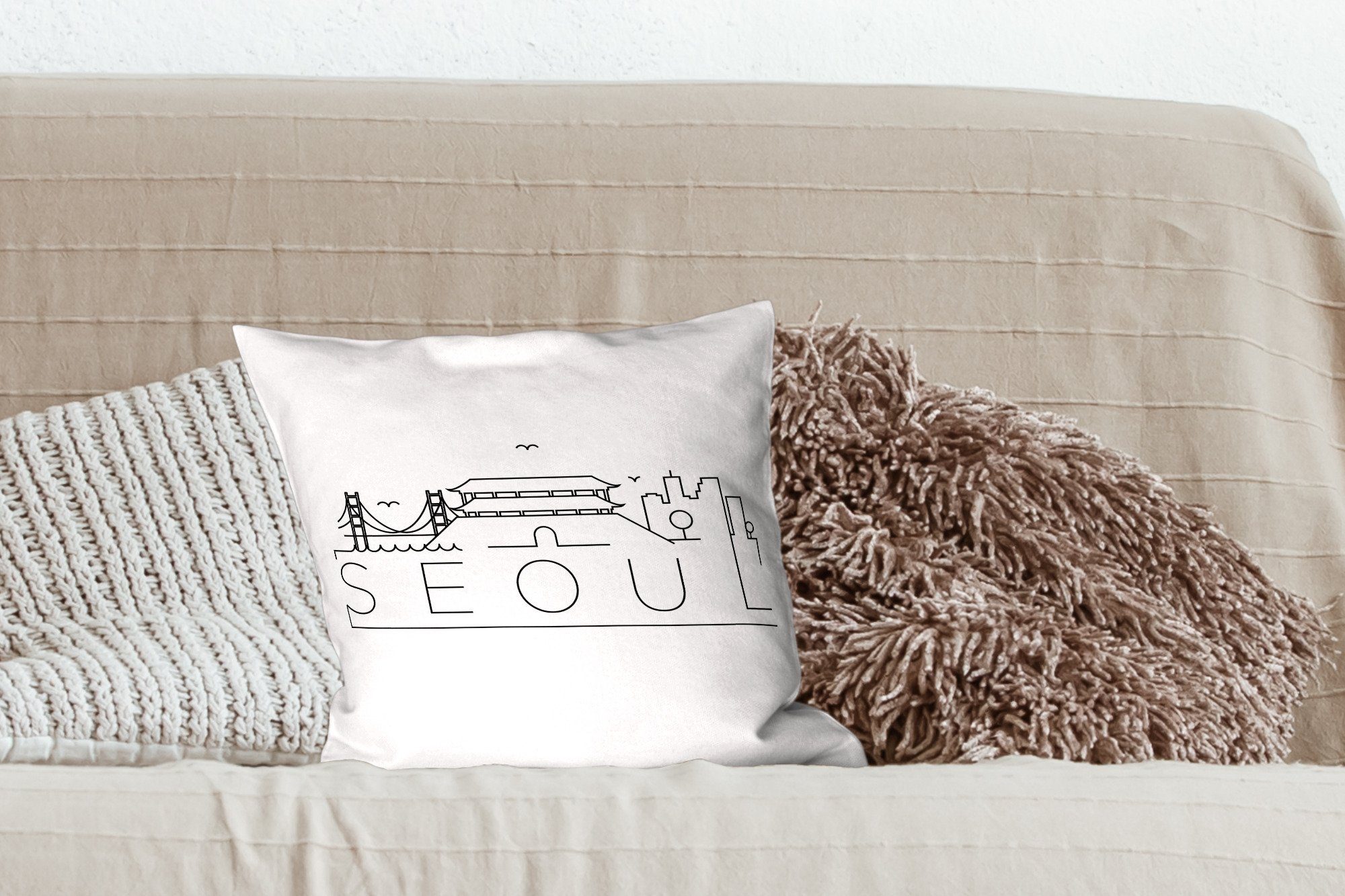 mit schwarz Schlafzimmer, Füllung Dekokissen für "Seoul" Skyline auf Sofakissen Deko, Wohzimmer, Zierkissen weiß, MuchoWow