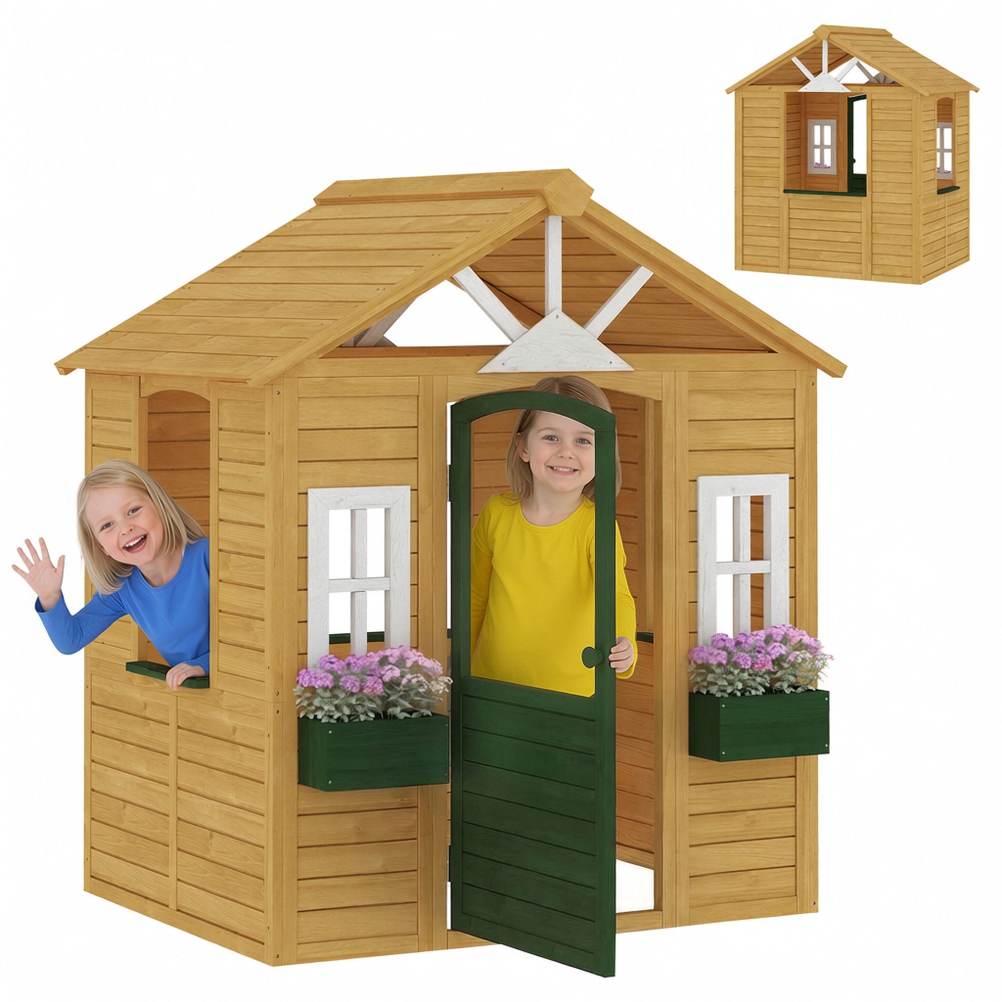 AIYAPLAY Spielhaus Kinderspielhaus aus Holz Outdoor mit Tür 3 Fenster Gartenhaus, für Kinder von 3-8 Jahren 134,5 x 97 x 150 cm Braun