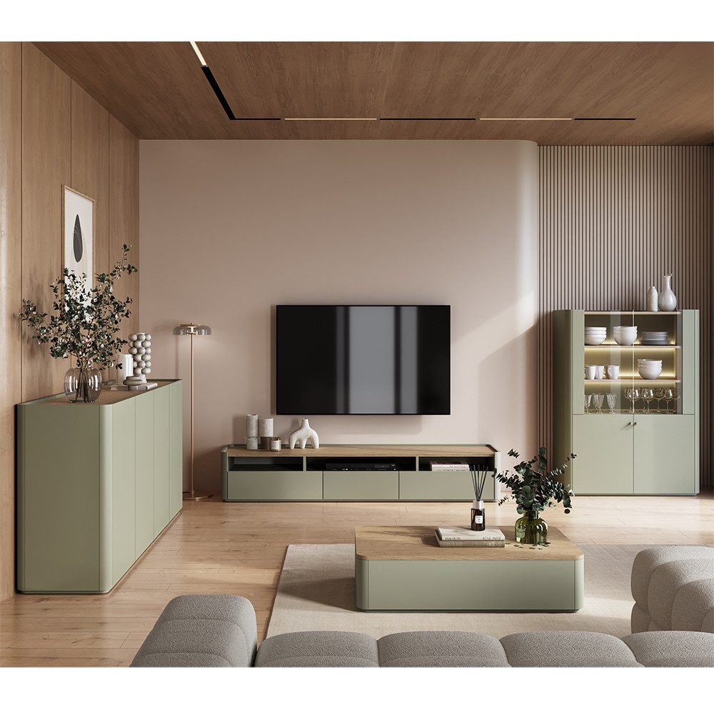 Lomadox Wohnzimmer-Set ELOY-141, (Mega-Spar-Set, 4-St., Sideboard Couchtisch Lowboard Vitrinenschrank), Grün Eiche Dekor grifflos modern Softclose LED Beleuchtung