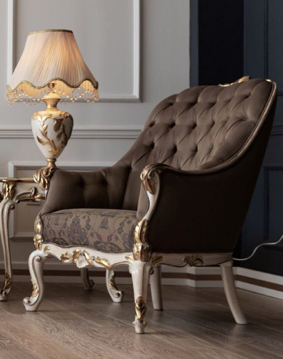 Casa Padrino Sessel Luxus Barock Sessel Braun / Cremefarben / Weiß / Gold - Eleganter Wohnzimmer Sessel im Barockstil - Barock Wohnzimmer Möbel