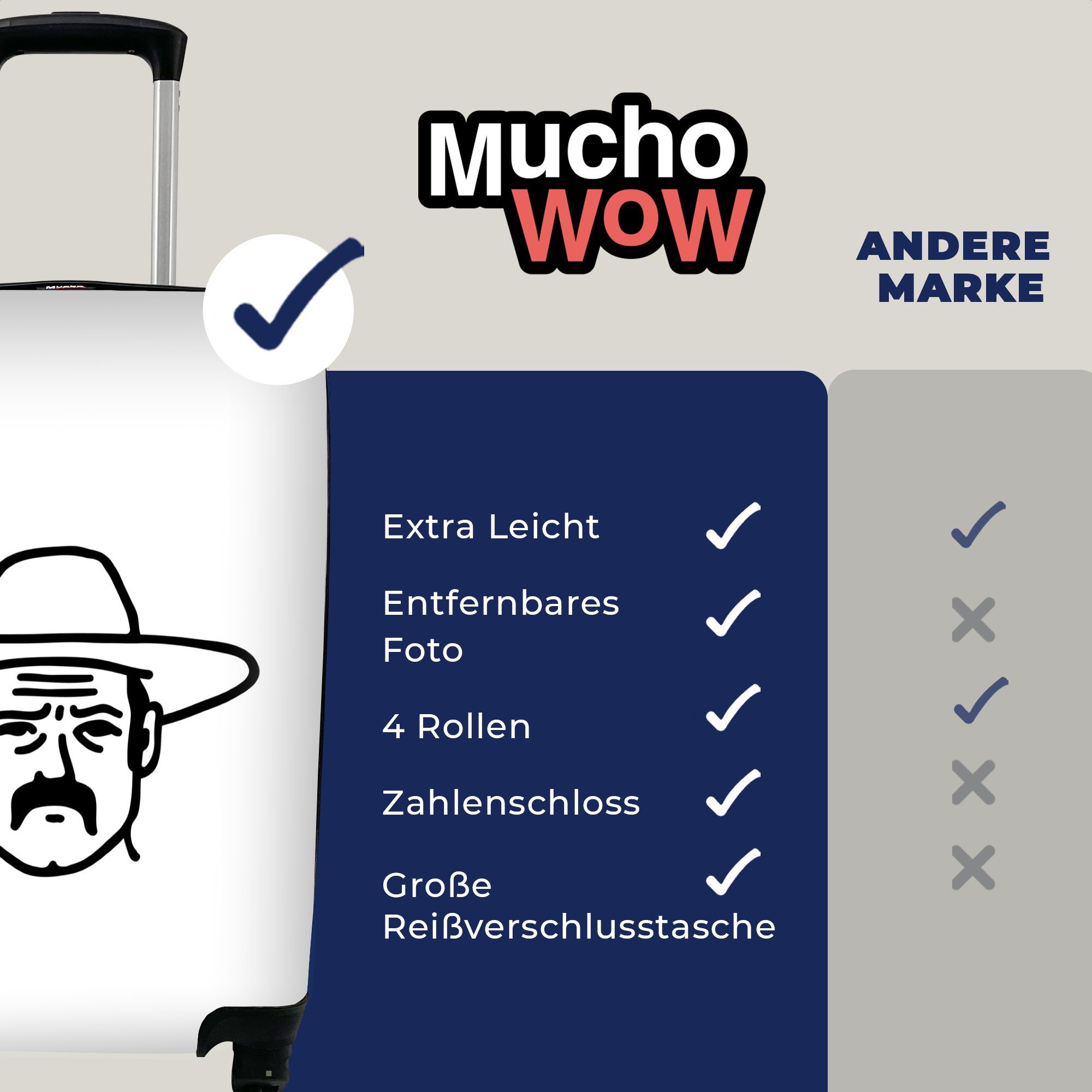 MuchoWow Handgepäckkoffer Schwarz-weiße 4 Reisetasche Trolley, Ferien, mit rollen, Rollen, Illustration Cowboys, für eines Handgepäck Reisekoffer