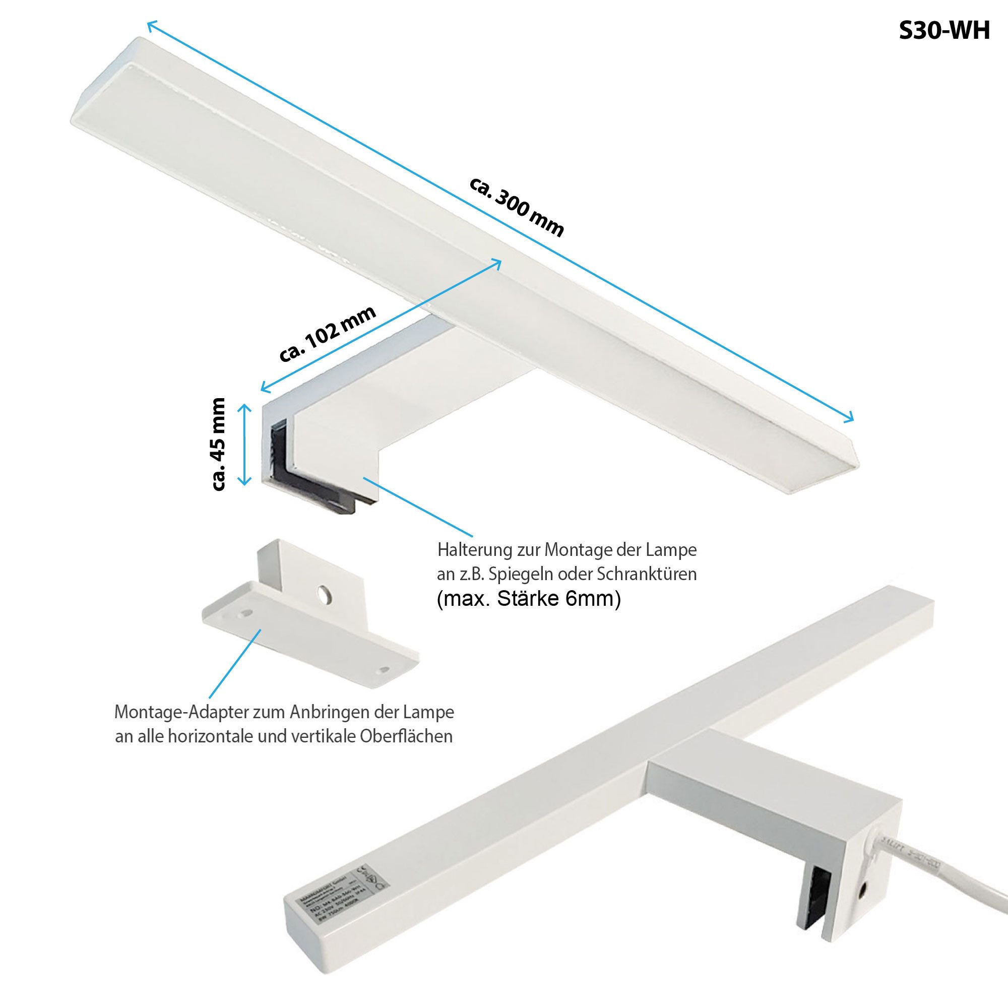 Maxkomfort LED Spiegelleuchte Badezimmer, 30/60cm, schwarz/weiß/chrom/acryl - IP44, LED fest integriert, Neutralweiß, Moderne Badbeleuchtung, Schranklicht, Schminklicht, ohne Schalter