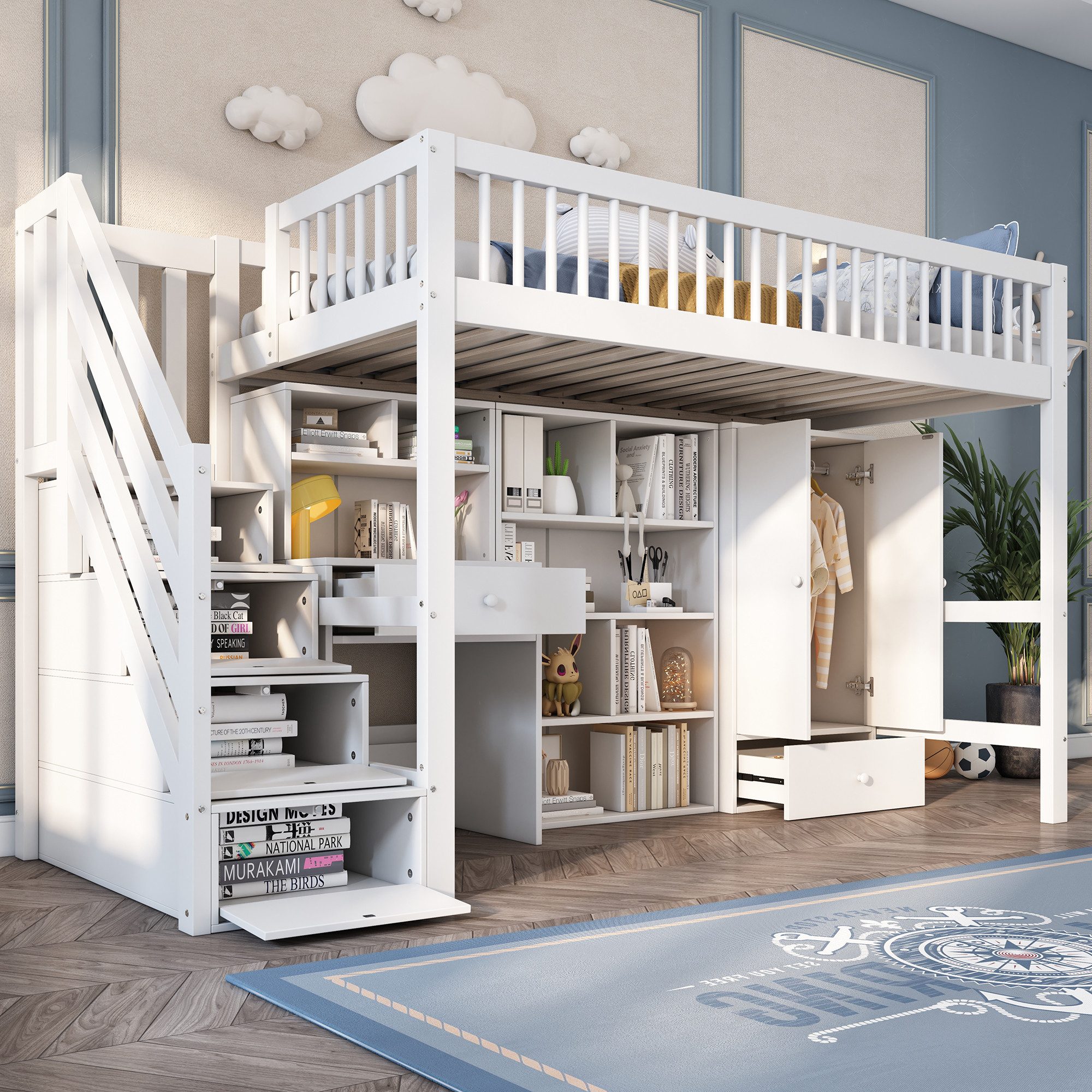 OKWISH Etagenbett Jugendbett Kinderbett (ohne Matratze, 90*200), Mit Schreibtisch, Treppe, Schließfächern, Kleiderschrank