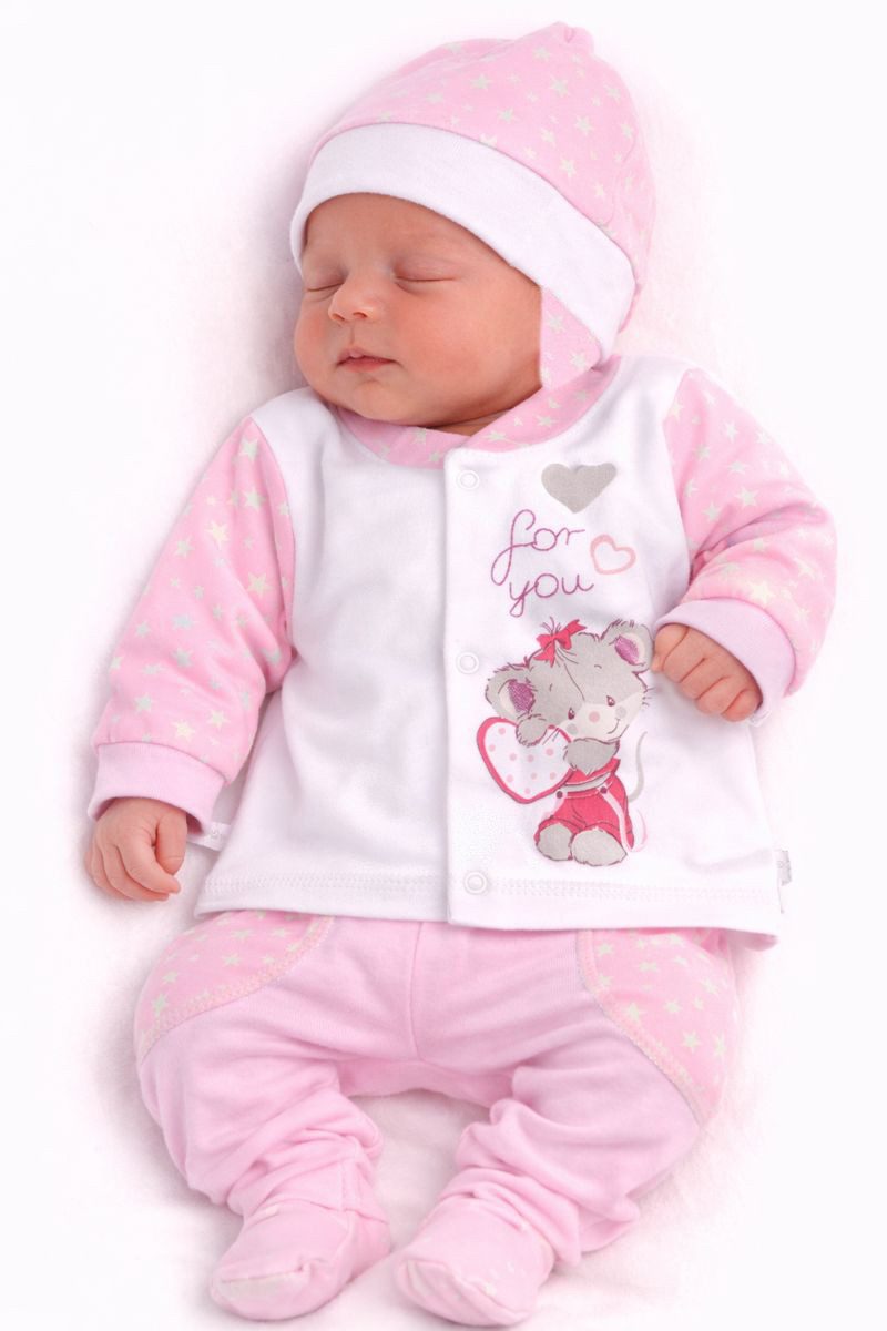 La Bortini Langarmshirt & Hose Baby anzug 3tlg Hemdchen Schlupfhose Mütze mit Mäuschen aus reiner Baumwolle, mit Sternchen, 44 50 56 62 68 74 – Bild 5 von 5