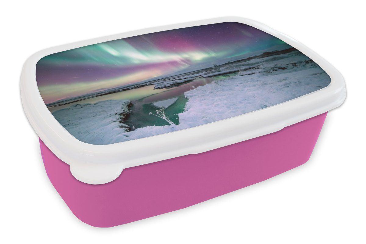 MuchoWow Lunchbox Nordlichter - rosa Mädchen, Eis Brotdose (2-tlg), Kinder, Schnee, - Snackbox, Kunststoff für Brotbox Erwachsene, Kunststoff