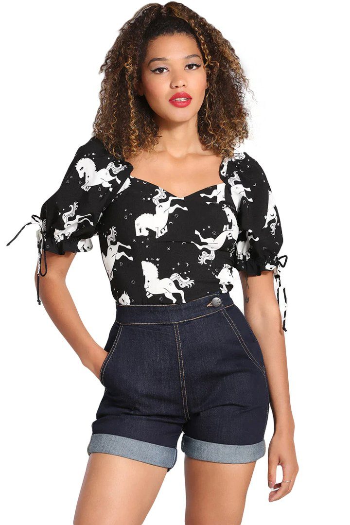 Hell Bunny Shirttop Sullivan Pony und Sterne Print Puffärmel Blusentop