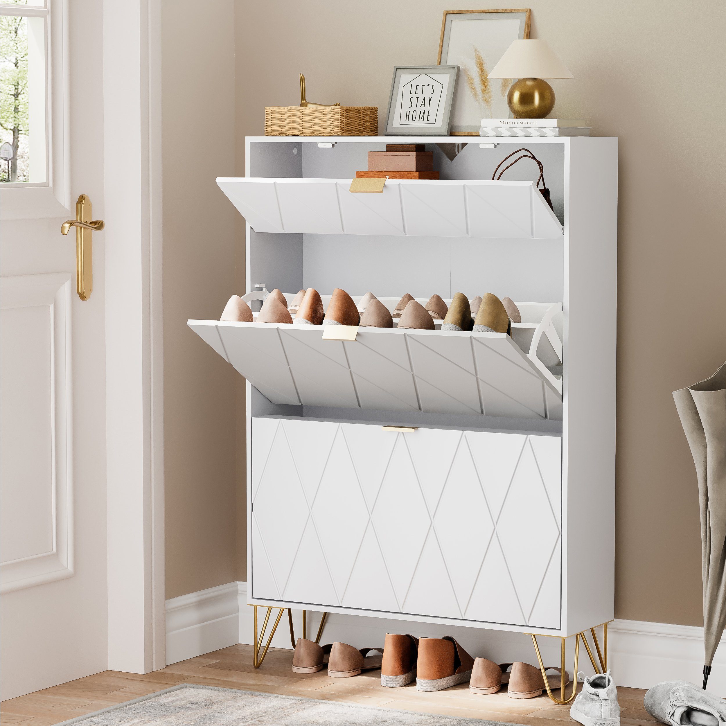 UEV Schuhschrank mit 2 Klappen Schuhregal Schuhkipper, Trennwände verstellbar (Schmal Schrank. Schuhkommode im Flur) B80 x T24 x H120 cm für 16 Paar Schuhe, Pla – Bild 4 von 5