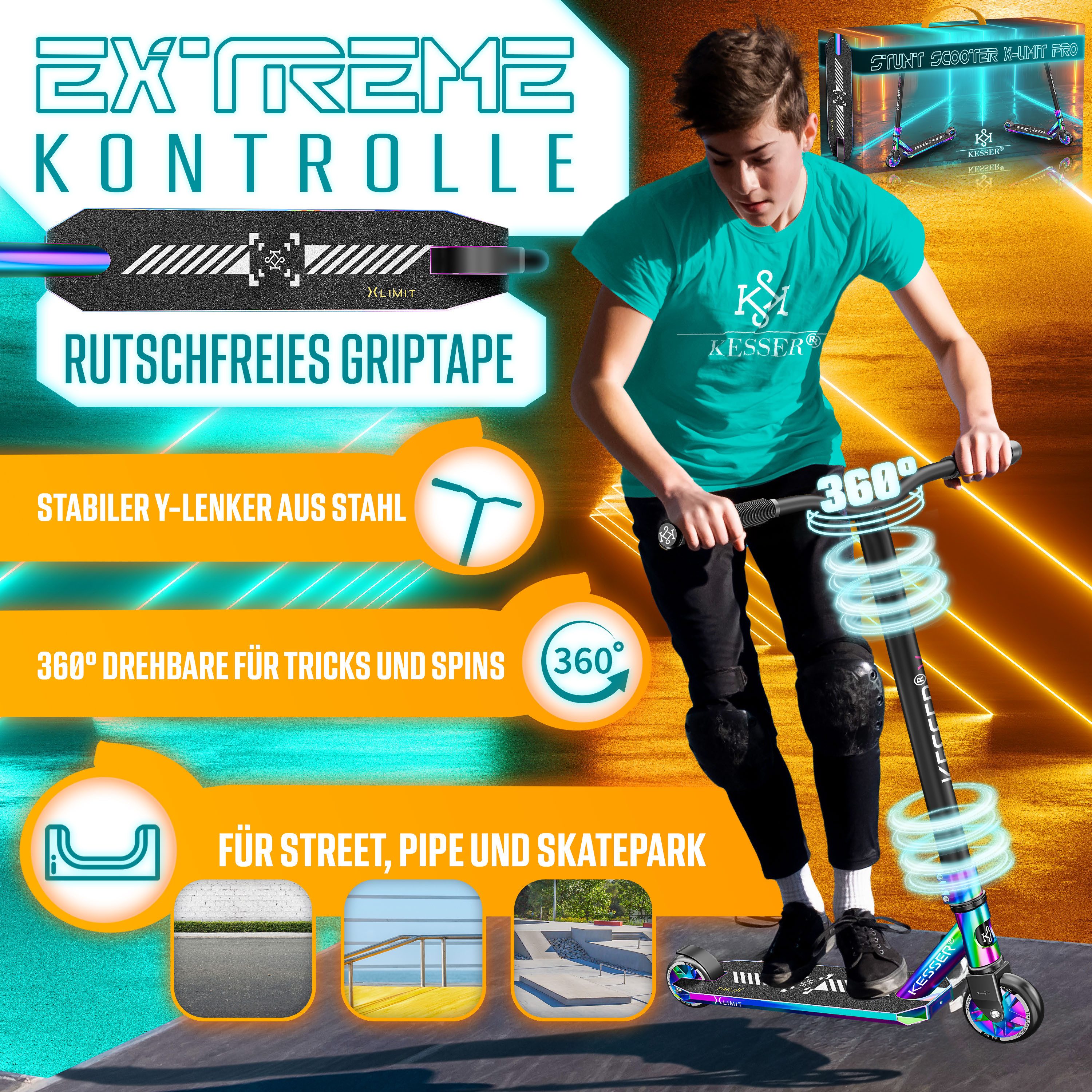 KESSER Scooter, Stunt Scooter X-Limit-Pro 360° Lenkung Funscooter Stuntscooter