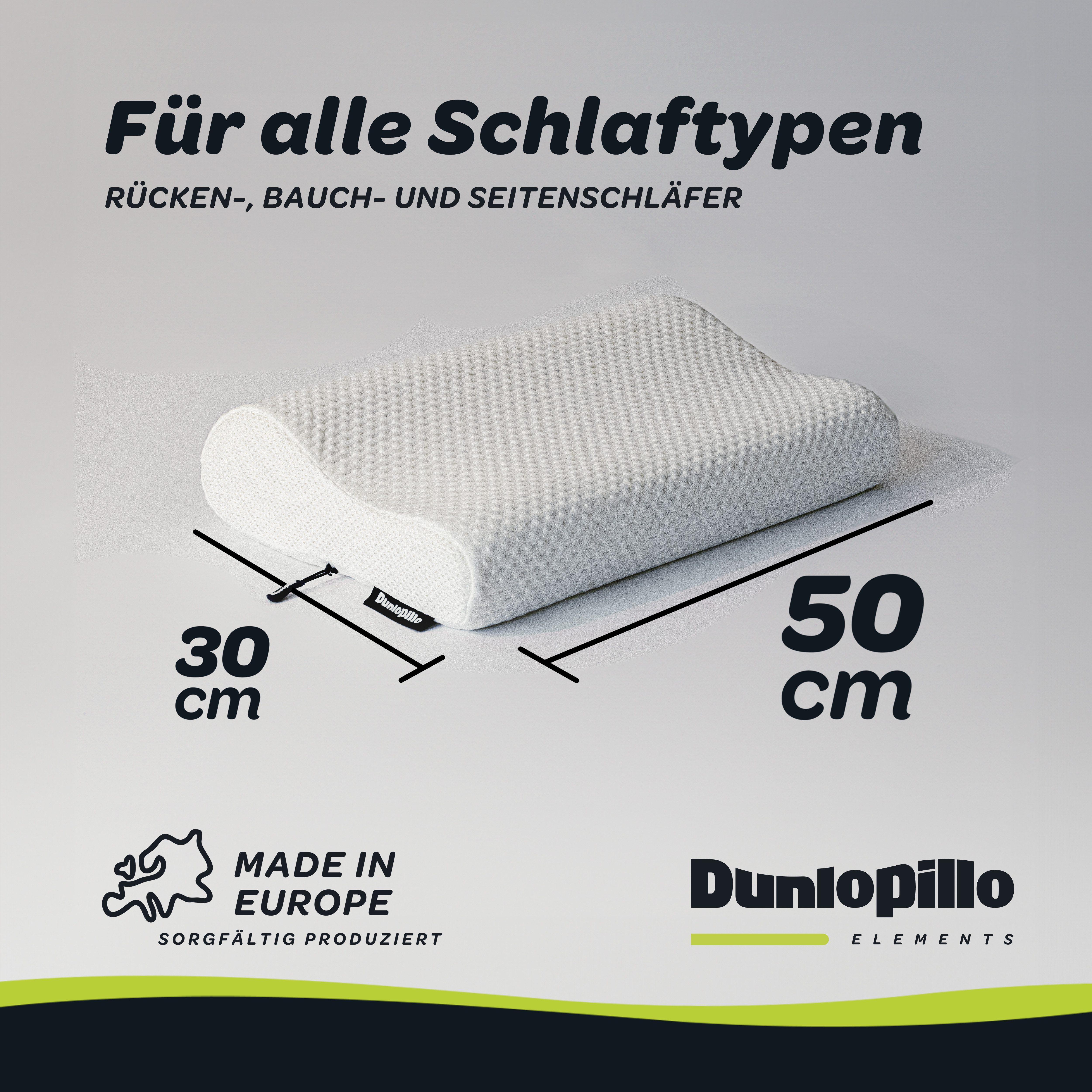 Dunlopillo Nackenstützkissen Home, Nackenstützkissen aus Viskoschaum 30x50 cm, Füllung: 100% Polyurethan, Bezug: 98% Polyester, 2% Elasthan, Bauchschläfer, Rückenschläfer, Seitenschläfer, entlastet die Wirbelsäule, allergikergeeignet (Hausstauballergiker)
