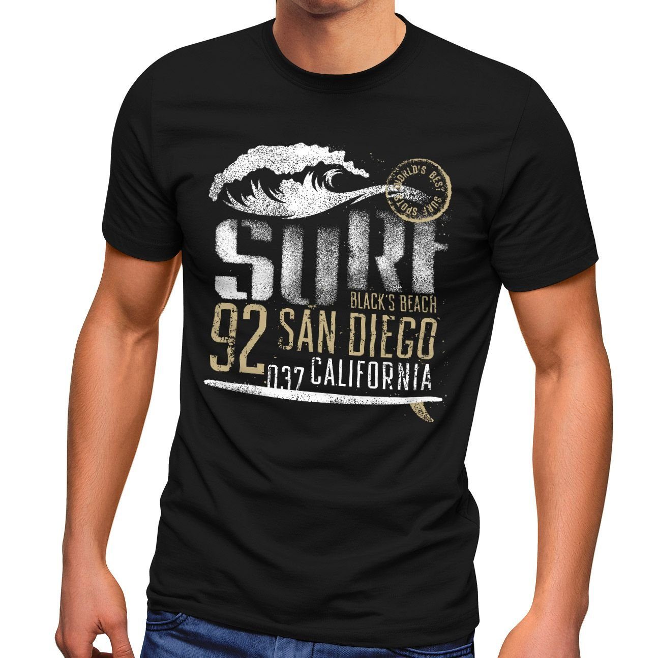 Neverless Print-Shirt Herren mit California Surf Welle Streetstyle Print T-Shirt Fashion Aufdruck San Neverless® Diego