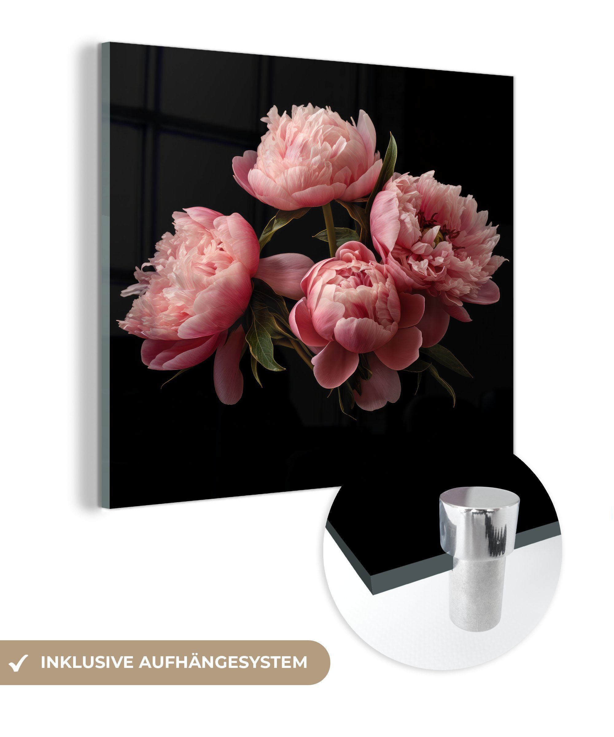 MuchoWow Acrylglasbild Blumen - Pfingstrose - Rosa - Botanisch - Natur, (1 St), Glasbilder - Bilder auf Glas Wandbild - Foto auf Glas - Wanddekoration