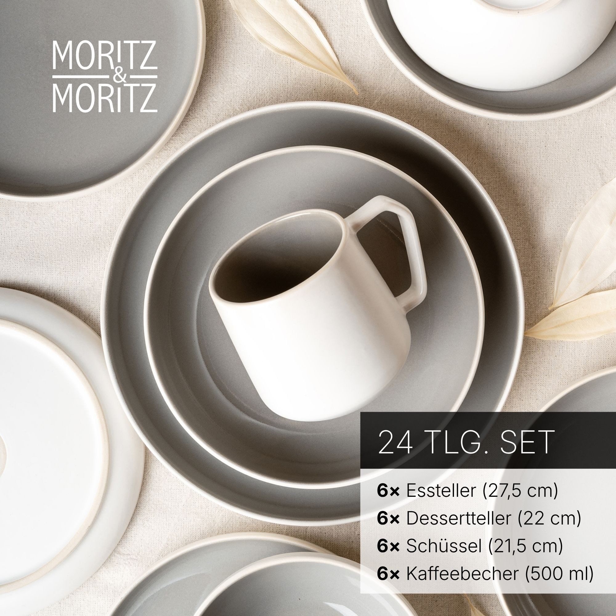 Moritz & Moritz Geschirr-Set CAVO Geschirrset mit Tassen Stone (24-tlg), 6 Personen, Steinzeug, für 6 Personen aus Steinzeug