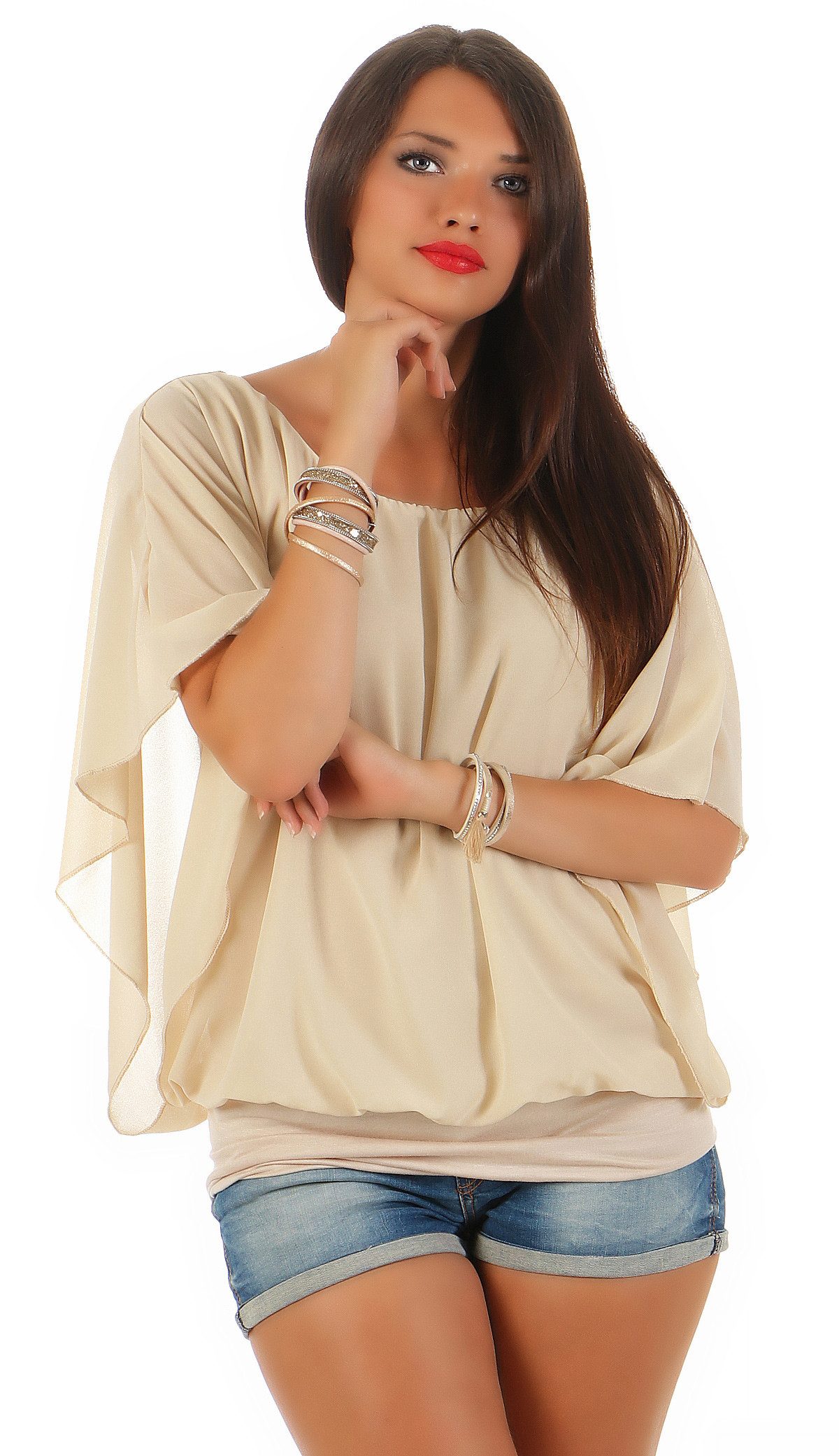 CLEO STYLE Chiffonbluse Damen Bluse 661 36-40 Beige