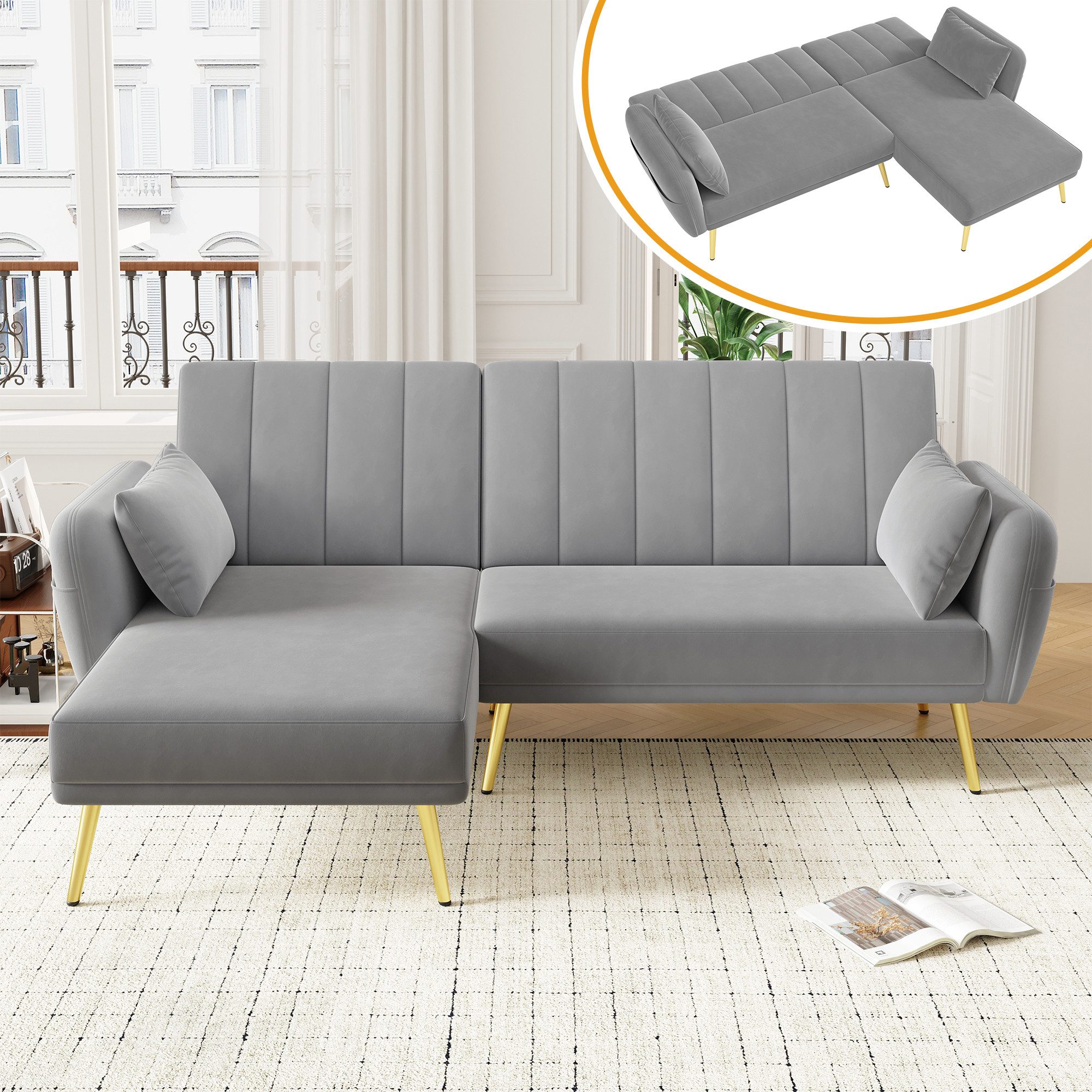 Odikalo Sofa Ecksofa mit Schlaffunktion Eckcouch mit Verstellbare Rückenlehne, Modernes Klappsofa, L-förmiges Sofa, Schlafsofa mit Zusatzecke, Ecksofa mit Schlaffunktion, geeignet für Wohnzimmer, Schlafzimmer, Heimkino, Gästezimmer