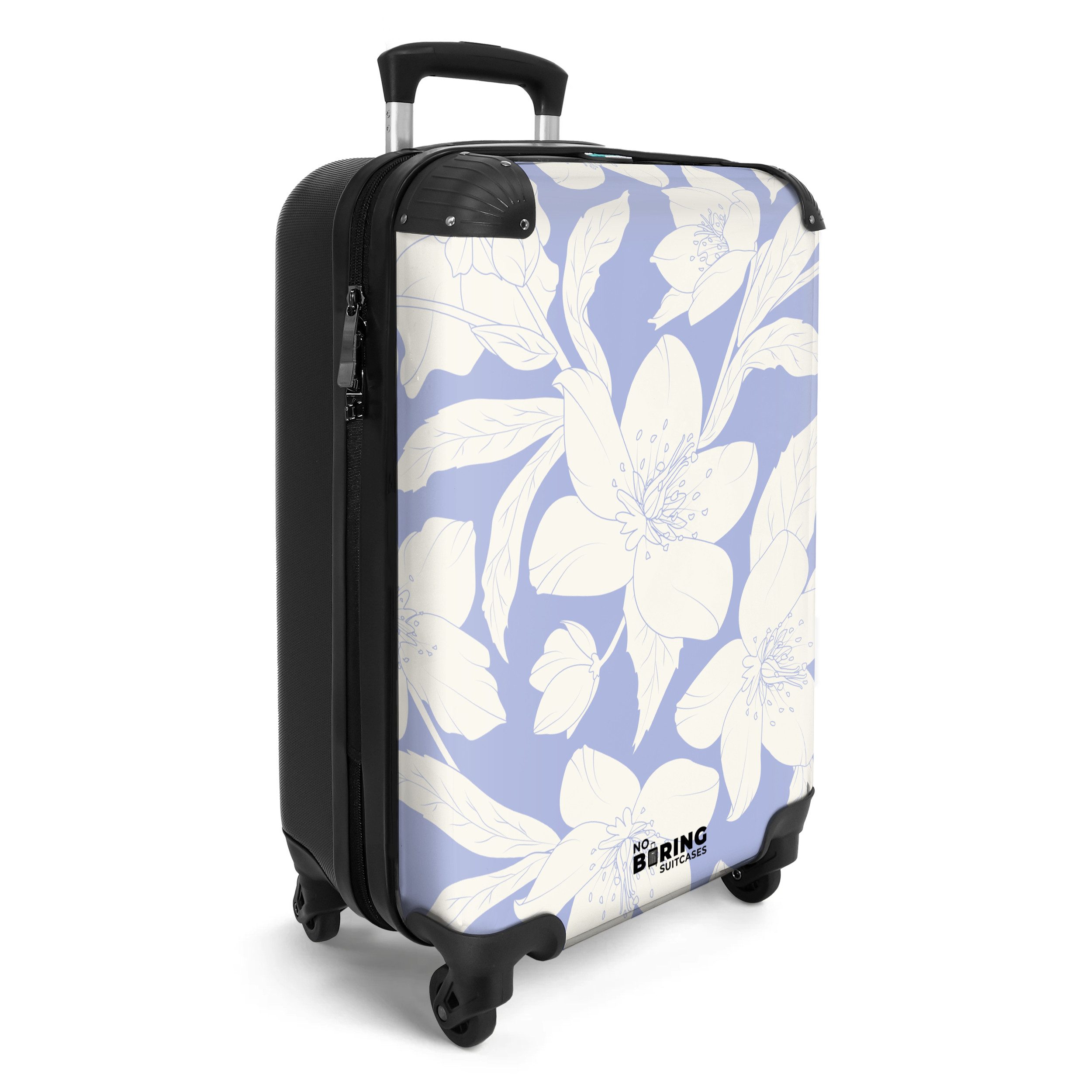 NoBoringSuitcases.com© Hartschalen-Trolley Hellviolett mit weißen Blüten günstig online kaufen
