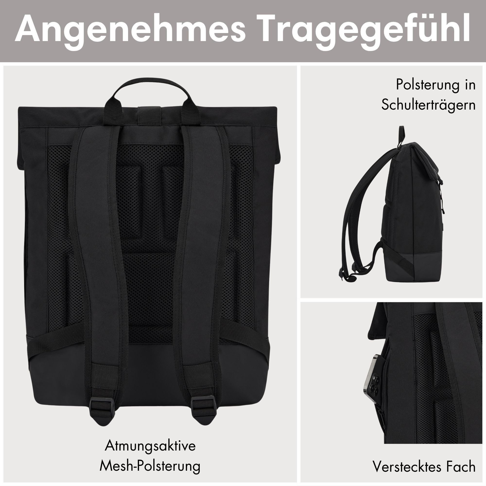 LARKSON Cityrucksack TAMMO, Rolltop Damen Herren, Laptop Fach (1-tlg), Flexible Größe, Wasserabweisend