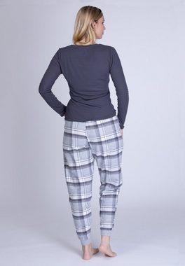 maluuna Pyjama Damen Schlafanzug mit Flanellhose und Bündchen